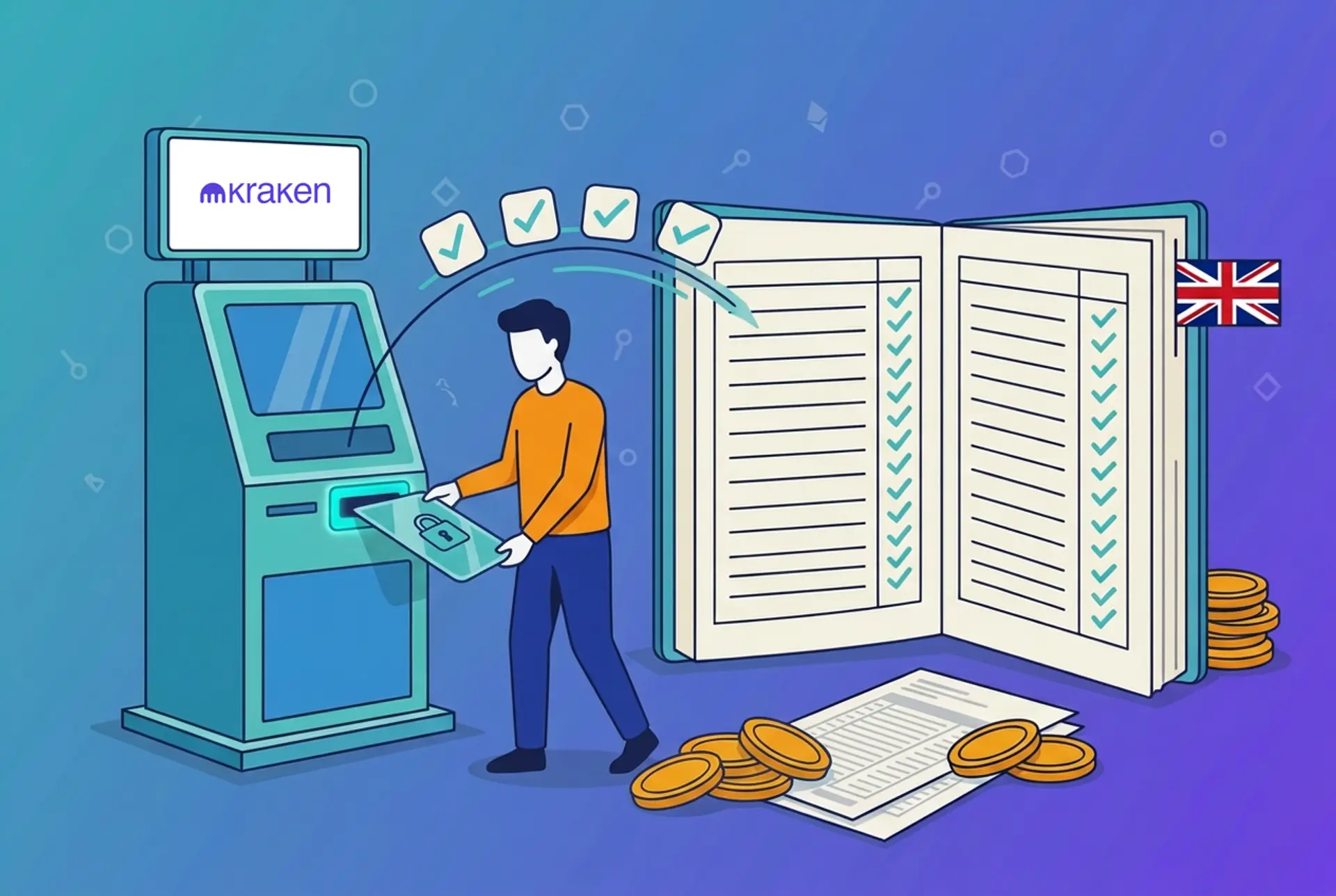 Narrative flat-vector illustration for Recap's UK guide on connecting Kraken: a featureless person inserts a read-only API key card into a Kraken-branded security terminal, sending four ticked permission tiles arcing into Recap's open tax ledger, beside a Union Jack flag and stacked gold coins, on Recap's house teal-to-violet gradient.