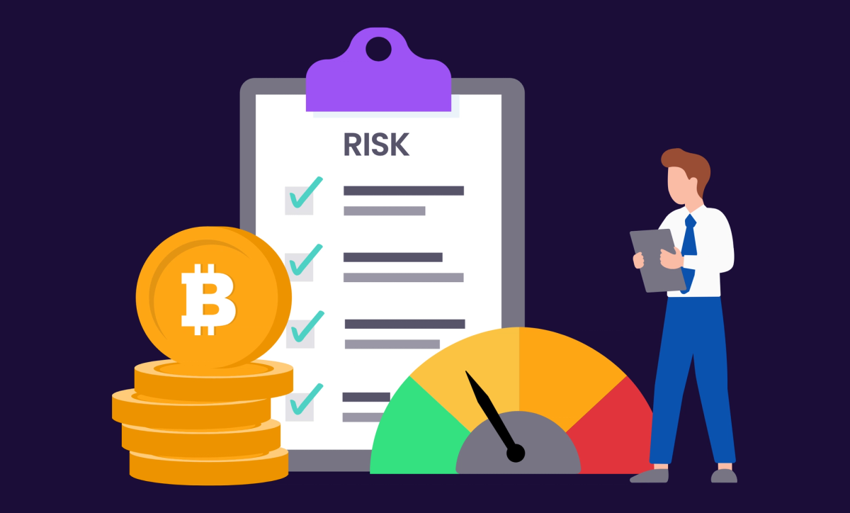 Illustration of a businessman with a clipboard containing a risk assessment checklist. Also in the illustration is a large pile of Bitcoin and coloured safety gauge which shows colours from a safe green and yellow through to orange and red signalling danger. 