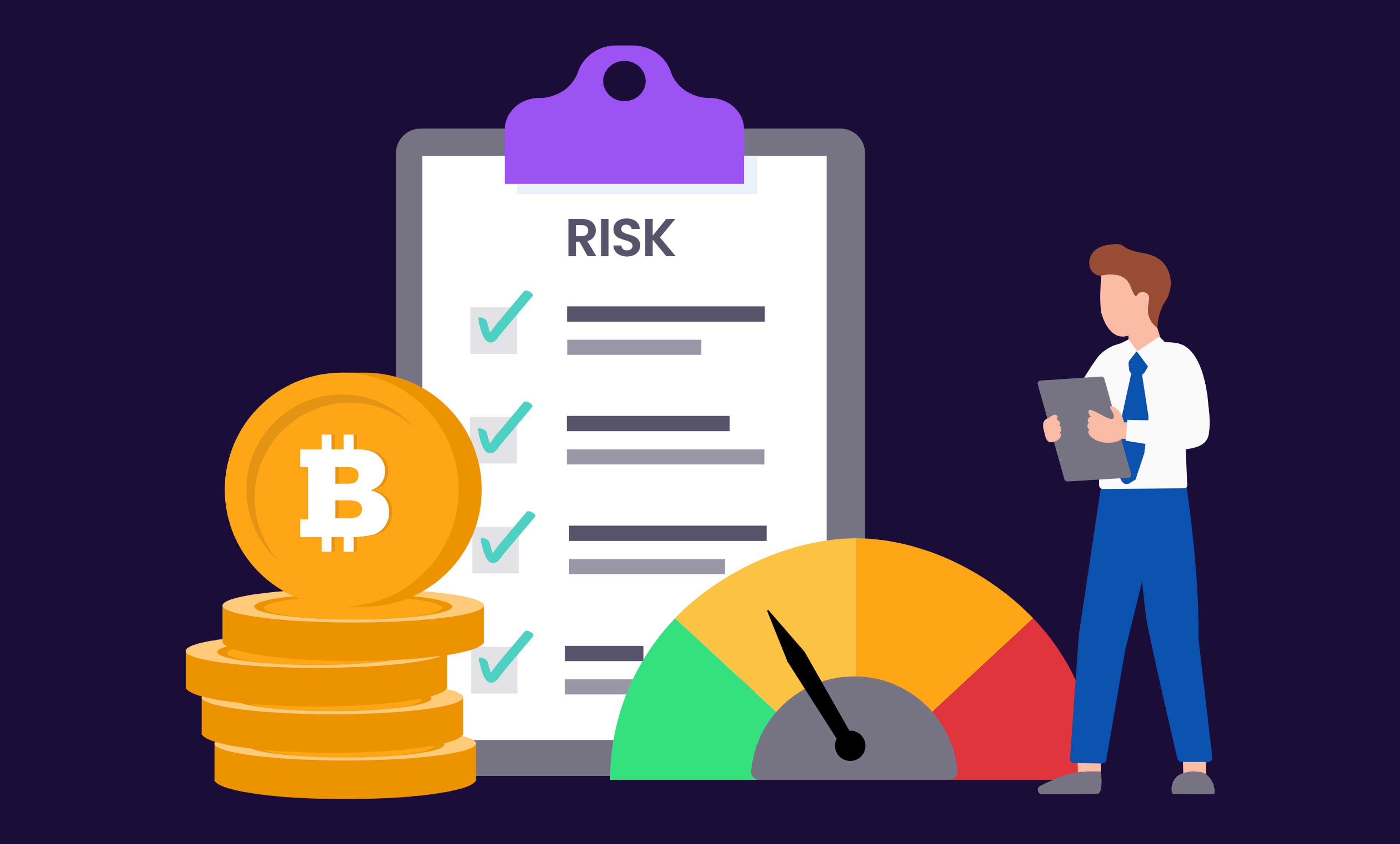 Illustration of a businessman with a clipboard containing a risk assessment checklist. Also in the illustration is a large pile of Bitcoin and coloured safety gauge which shows colours from a safe green and yellow through to orange and red signalling danger. 