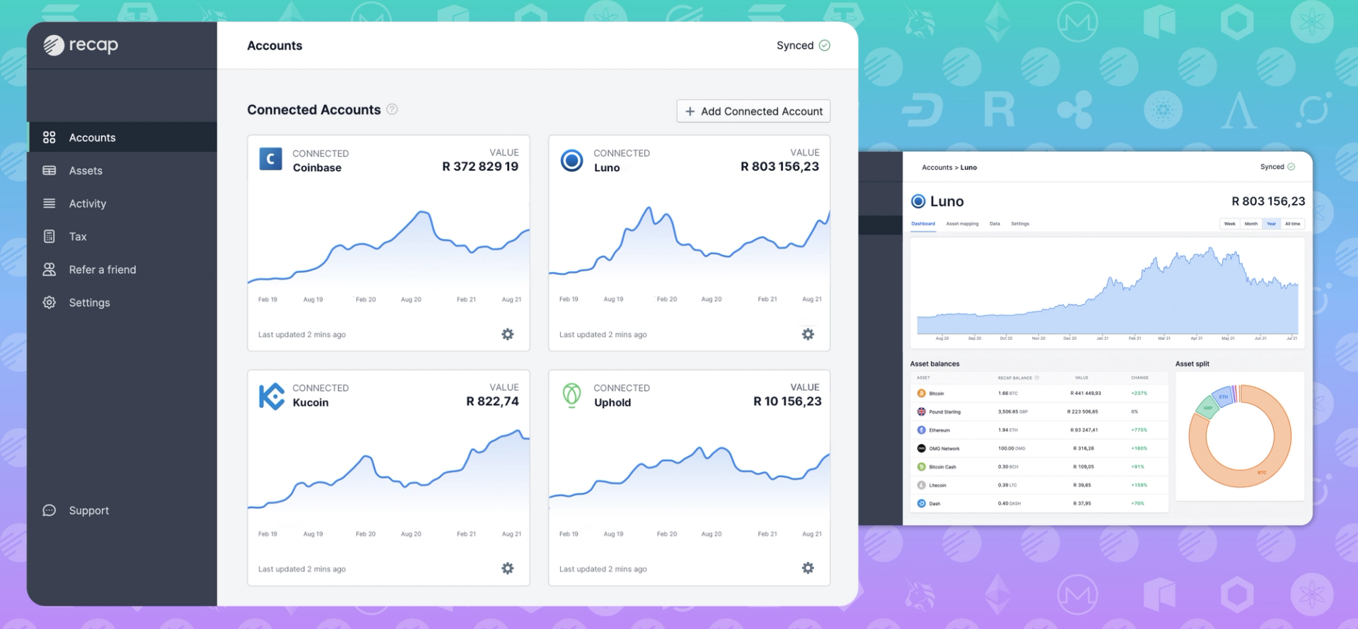 Screenshots of Recap's account dashboard and a connected Luno account.