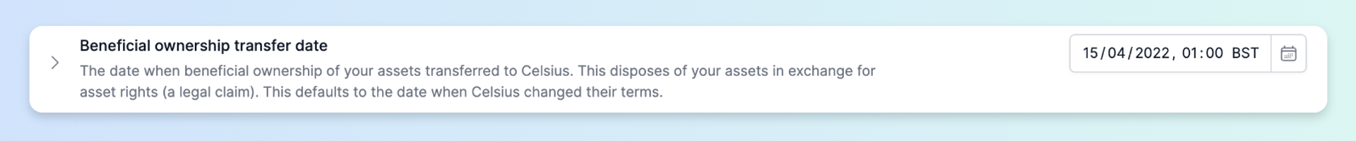 Screenshot Celsius Bankruptcy Feature Recap: Beneficial ownership transfer date 
