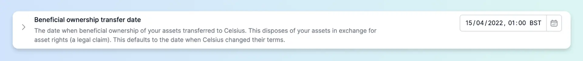 Screenshot Celsius Bankruptcy Feature Recap: Beneficial ownership transfer date