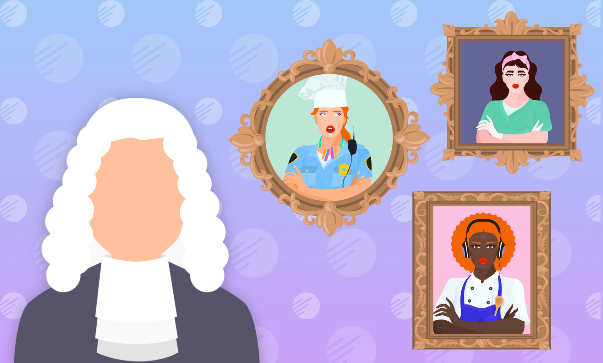 Illustration of a judge and framed NFTs