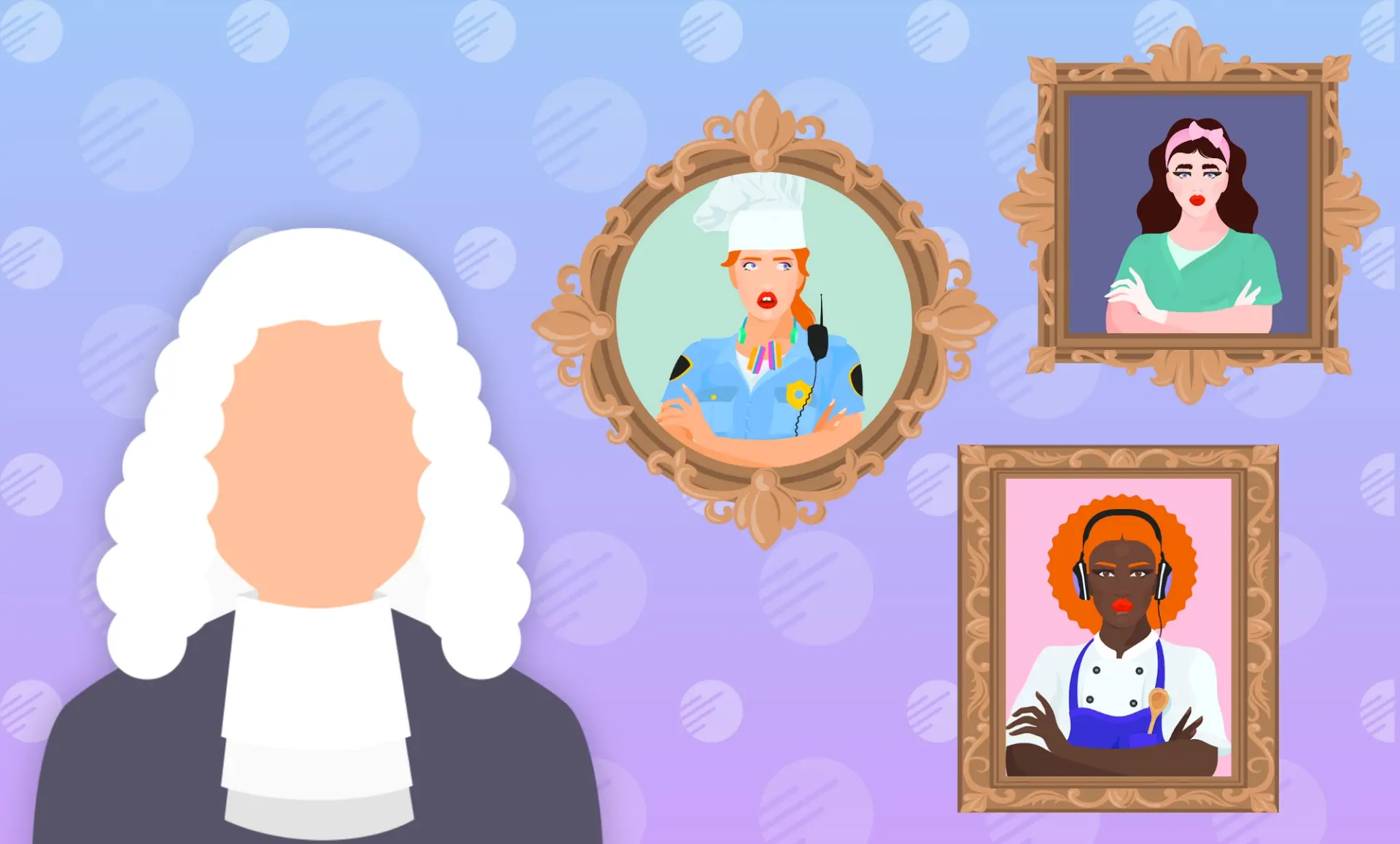 Illustration of a judge and framed NFTs