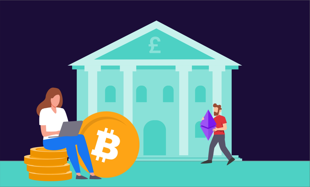 Illustration of users with Bitcoin, Ethereum and a UK bank, representing the intersection of digital and traditional currencies.