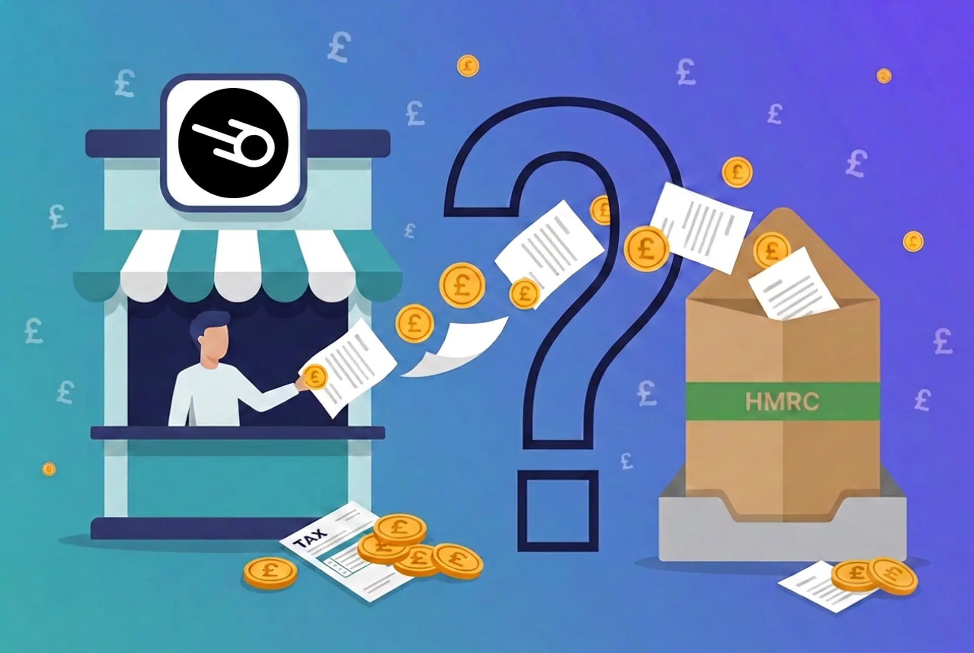 Narrative flat-vector illustration for the UK 'Does X report to HMRC?' series: a Strike Bitcoin-payments kiosk with the real Strike comet mark composited cleanly on a blank white sign tile hands documents and gold £ coins through a large outlined question-mark gate into an oversized kraft HMRC envelope on an in-tray, on Recap's house teal-to-violet gradient with a faint pound-sterling glyph pattern.