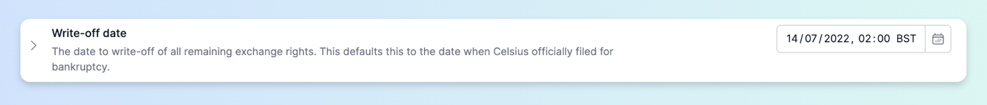 Screenshot Celsius Bankruptcy Feature Recap app: Celsius write off-date