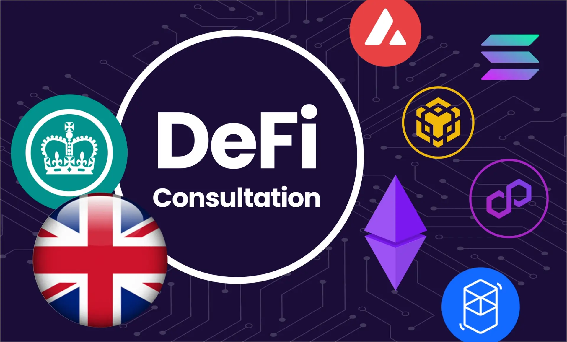 HMRC logo and a Union Jack with DeFi logos like Ethereum, Polygon and Solana