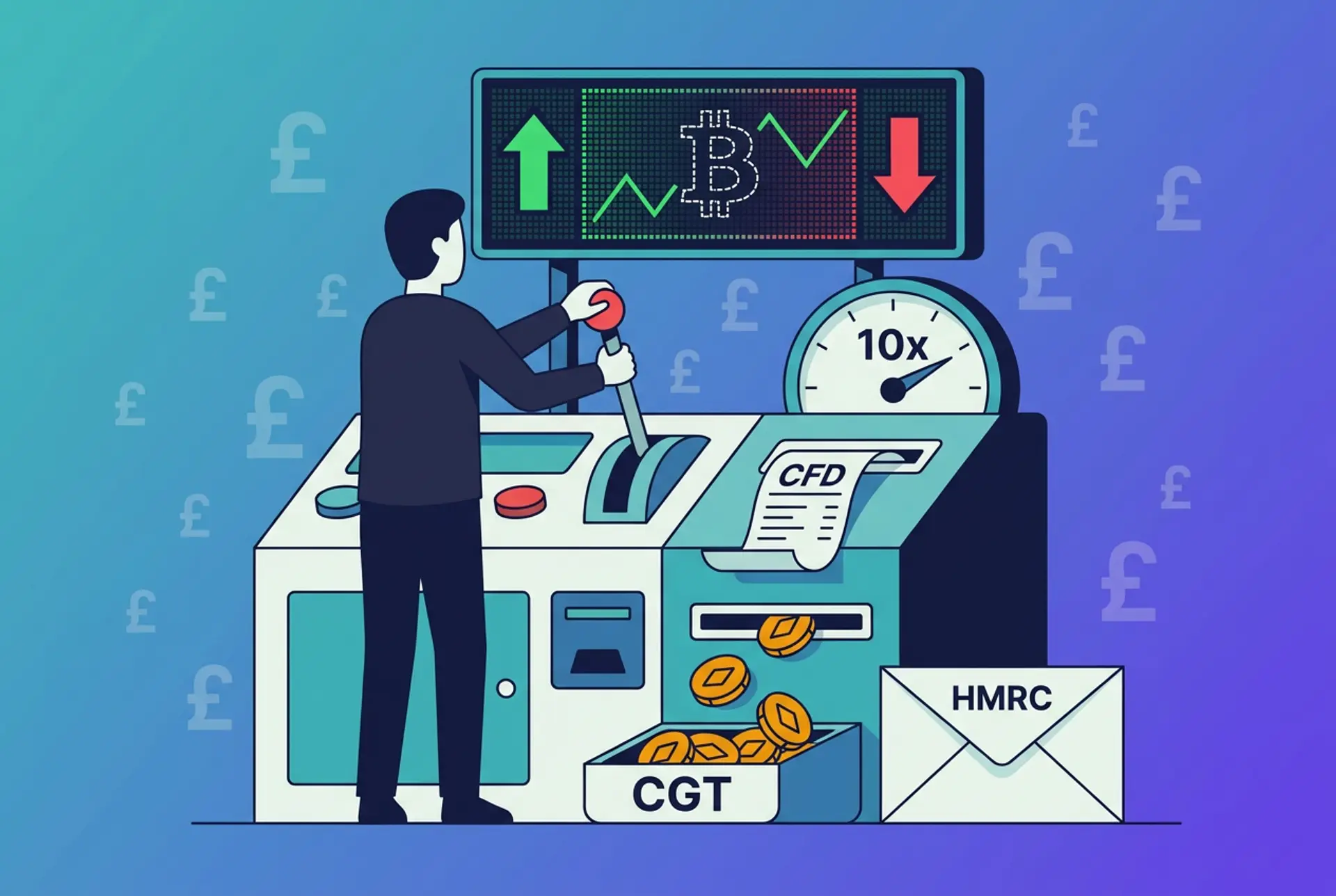 Narrative flat-vector illustration for a UK crypto derivatives tax article: a figure pulls a lever on an oversized betting-shop-style counter beneath a ticker screen showing a dashed ghost-outline Bitcoin bouncing between green up and red down arrows (representing CFDs and futures contracts where the trader never owns the real coin), a 10x leverage dial beside the lever, a curling ticket labelled CFD, gold coin winnings spilling into a tray labelled CGT, and a plain text-only HMRC envelope, on Recap's teal-to-violet house gradient with a faint pound-sterling glyph pattern.