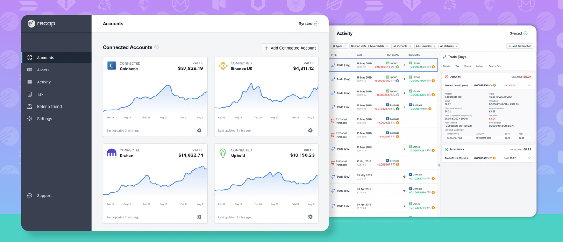 Recap screenshot, showing a users Coinbase, Binance, Kraken and Uphold accounts and the activity screen full of their trasactions.