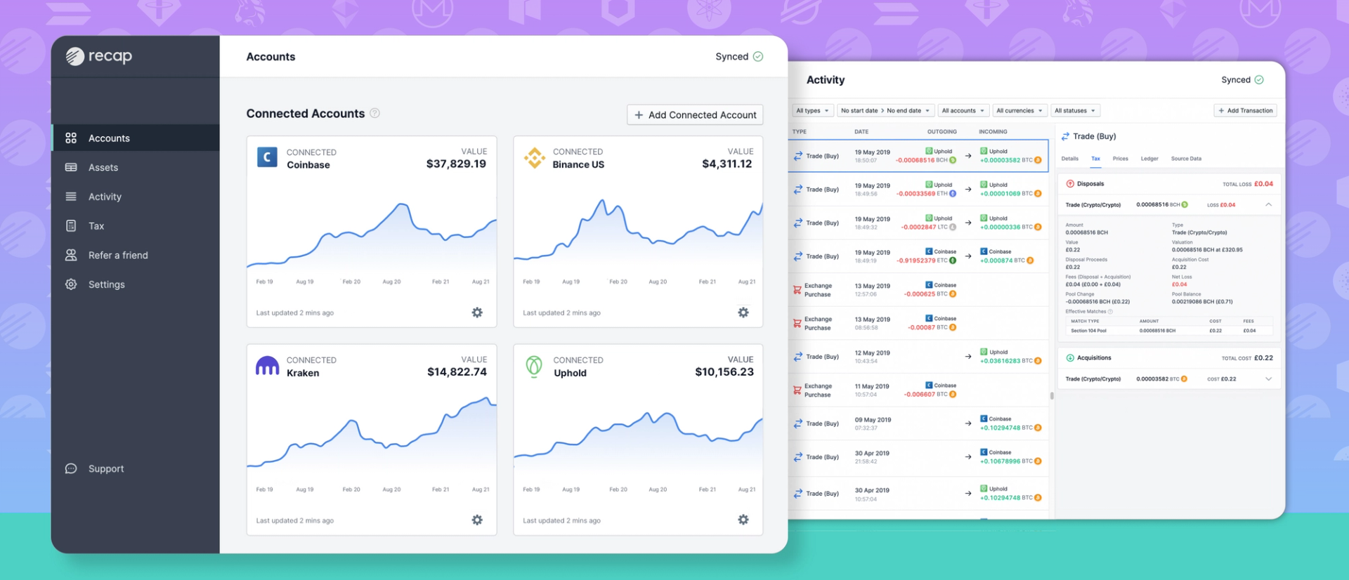 Recap screenshot, showing a users Coinbase, Binance, Kraken and Uphold accounts and the activity screen full of their trasactions. 
