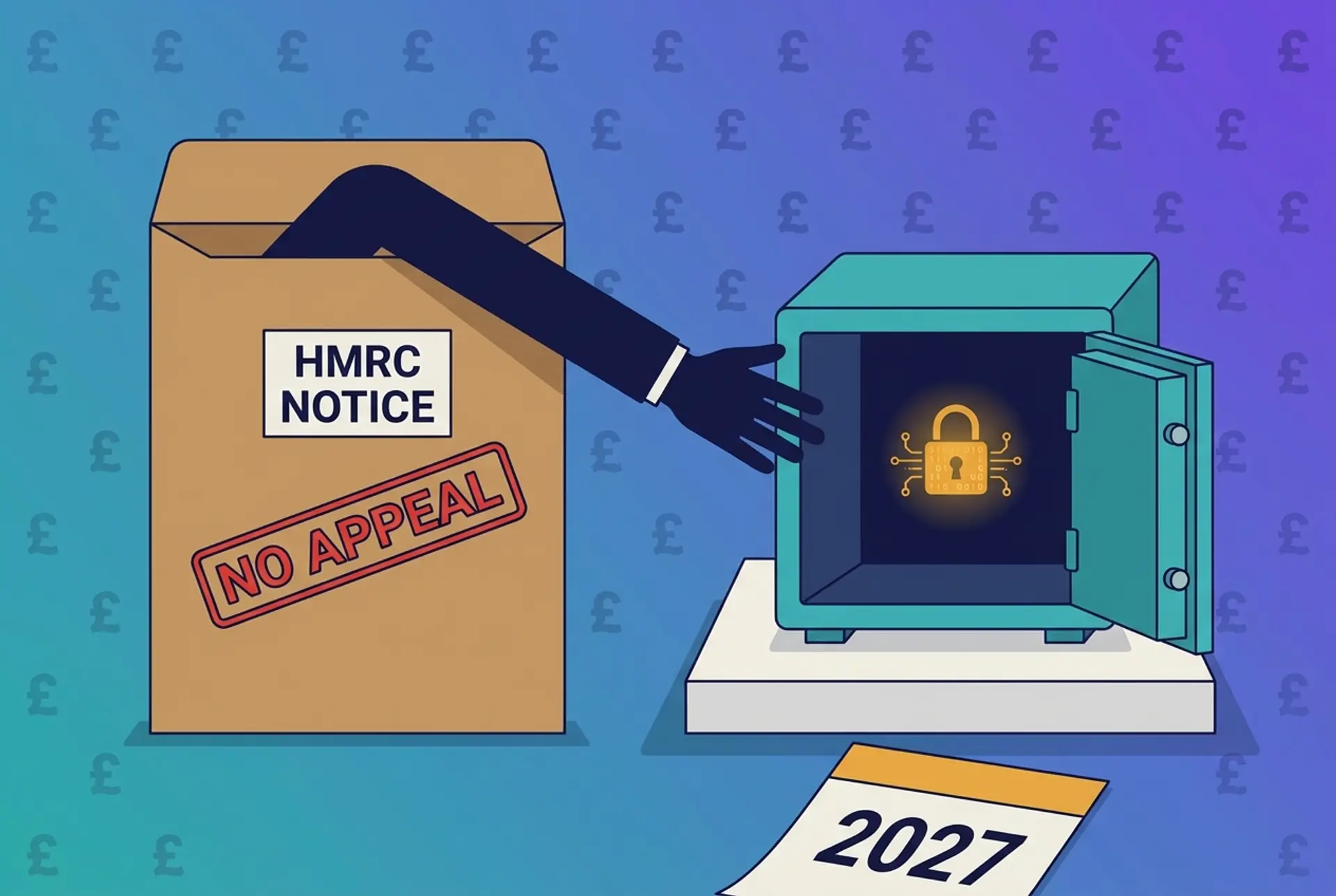 Flat-vector illustration: a brown envelope stamped NOTICE slides towards a large navy strongbox full of ledger pages and coins, but stops short. A person stands in front holding the only key, on a background of faint padlock outlines.