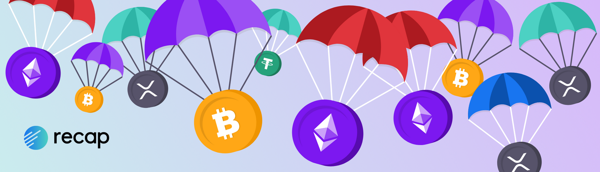 Illustration of lots of colourful parachutes carrying crypto tokens falling through the sky representing airdrops