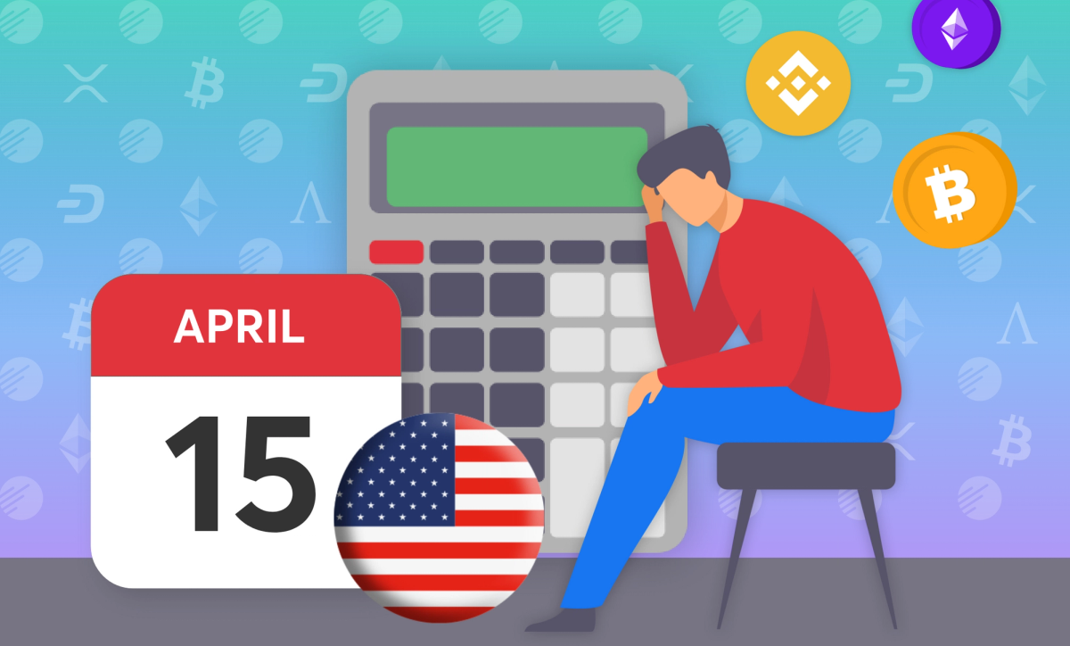 Illustration of a male looking confused in front of a calculator. Around him there are Bitcoin, Binance and Ethereum logos, the US flag and a calendar on the sat