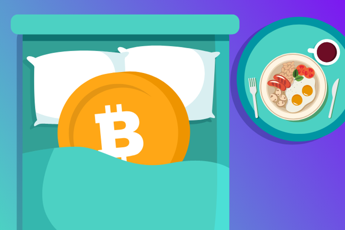 Illustration: Bed and Breakfast with a Bitcoin token in bed