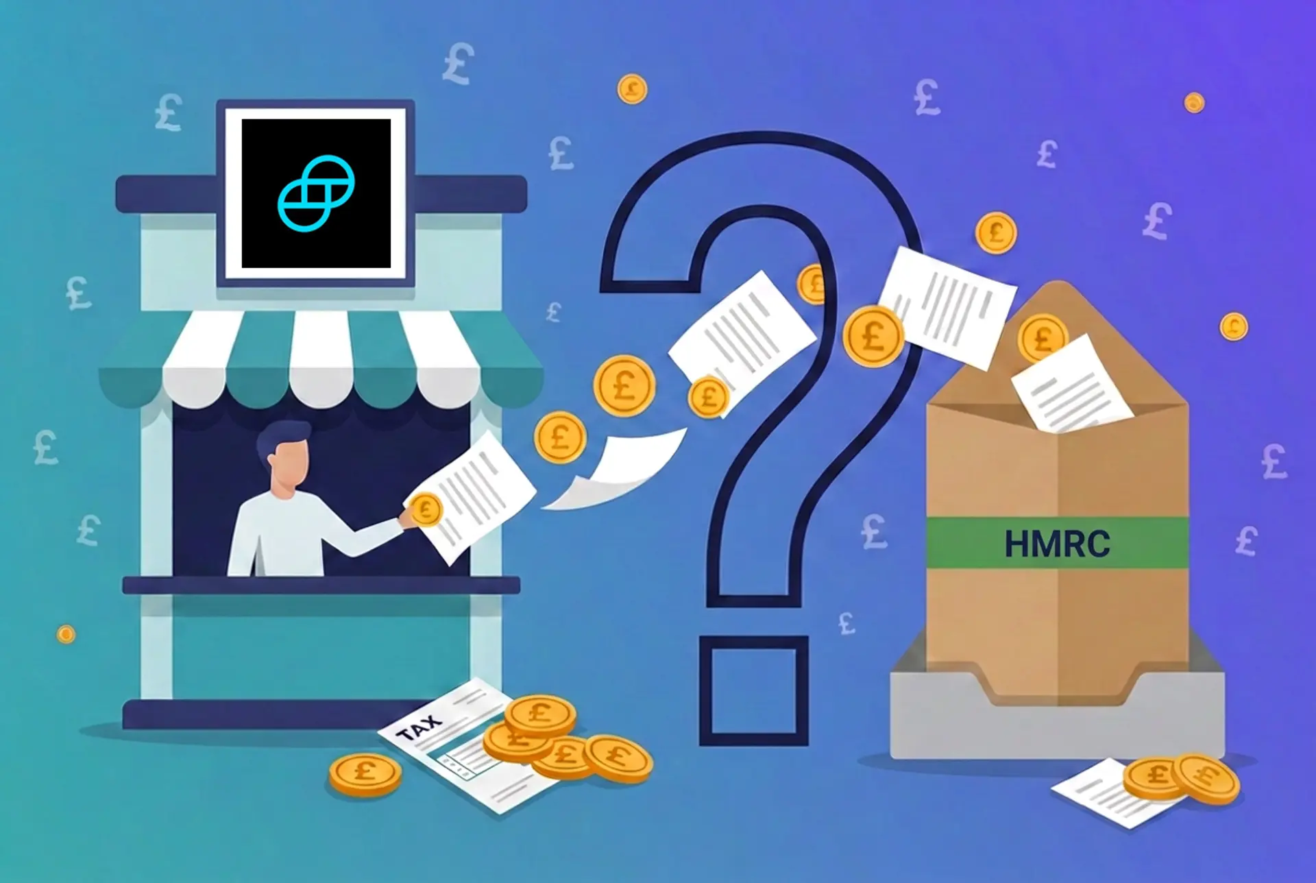 Narrative flat-vector illustration for the UK 'Does X report to HMRC?' series: a Gemini kiosk with the real Gemini mark centred in a white sign tile hands documents and gold £ coins through a large outlined question-mark gate into a kraft-brown HMRC envelope on an in-tray, on Recap's house teal-to-violet gradient with a faint pound-sterling glyph pattern.