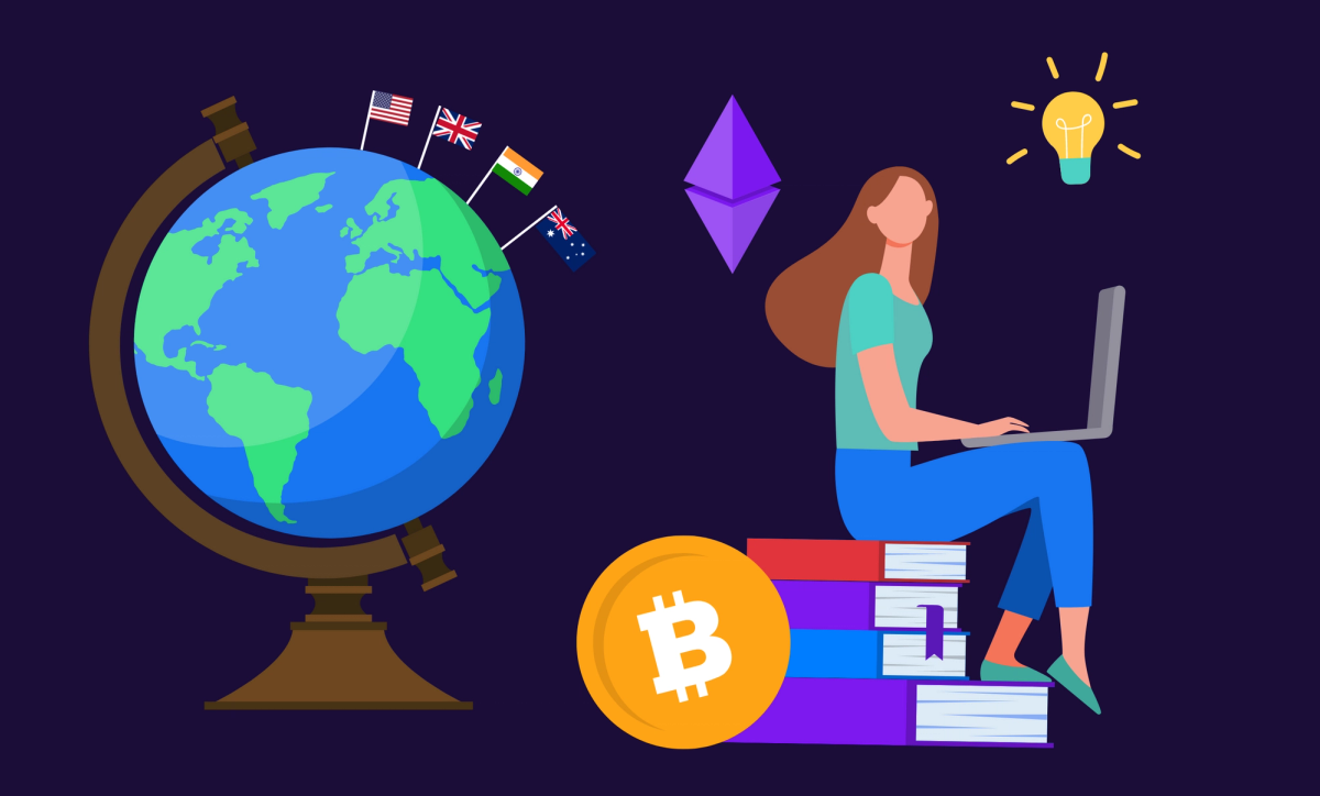 A woman sat on a pile of books with a laptop next to a globe and cryptocurrency logos.