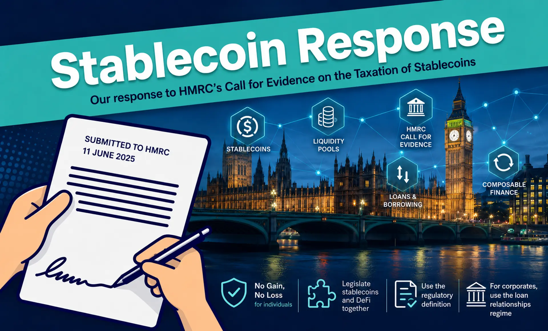 Illustration of stablecoins flowing through DeFi protocols alongside UK tax documents