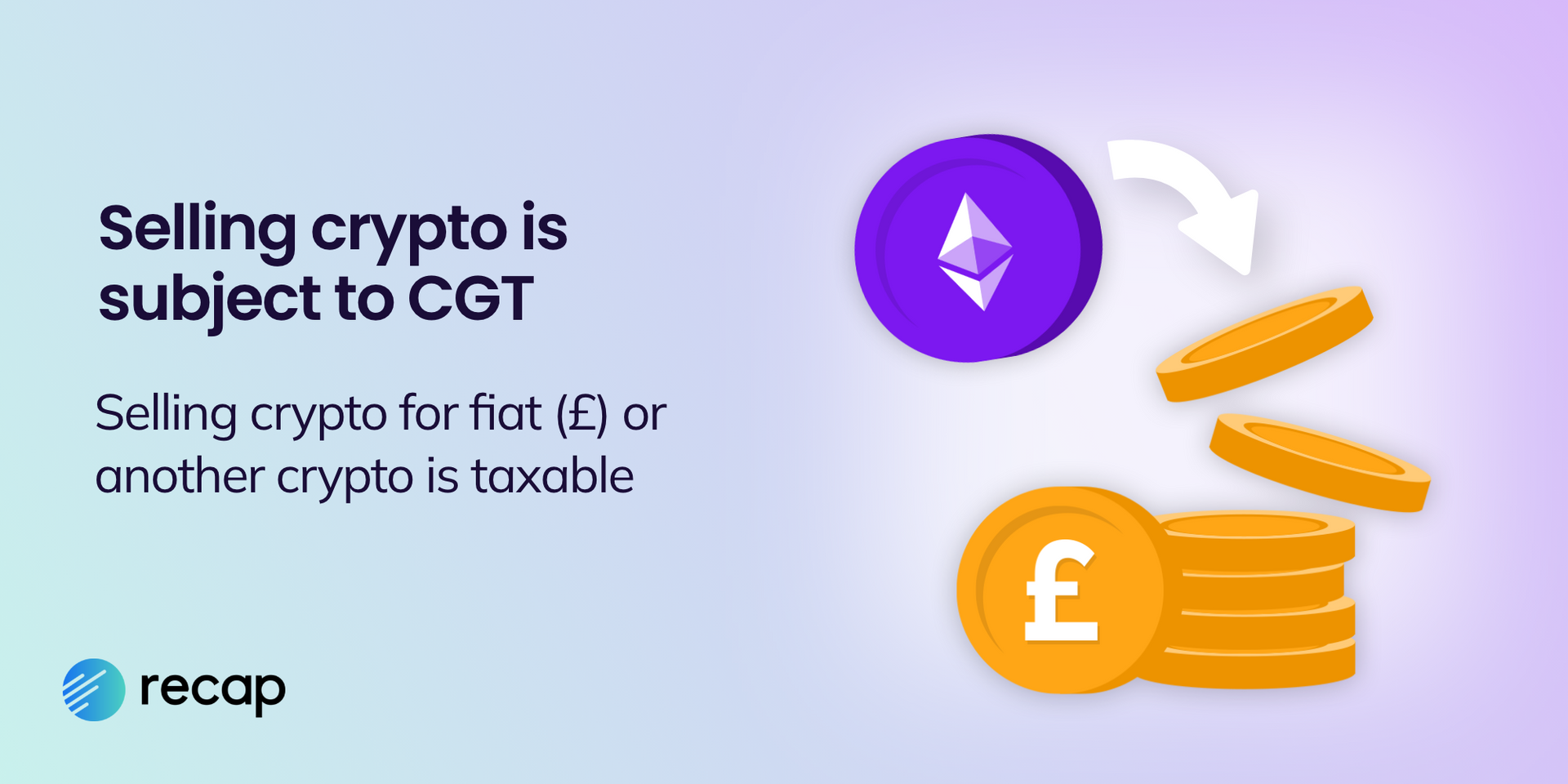 An infographic stating that selling crypto for fiat GBP or another crypto is subject to capital gains tax