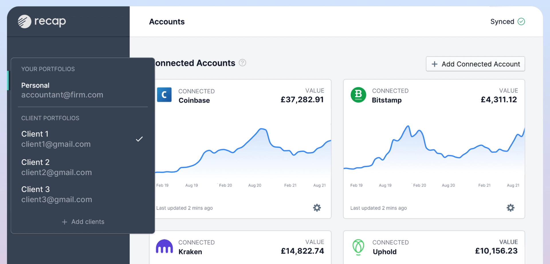 A screenshot of the Recap accountant portal. Client 1's portfolio is selected and there is a view of connected accounts - Coinbase, Bitstamp, Kraken and Uphold