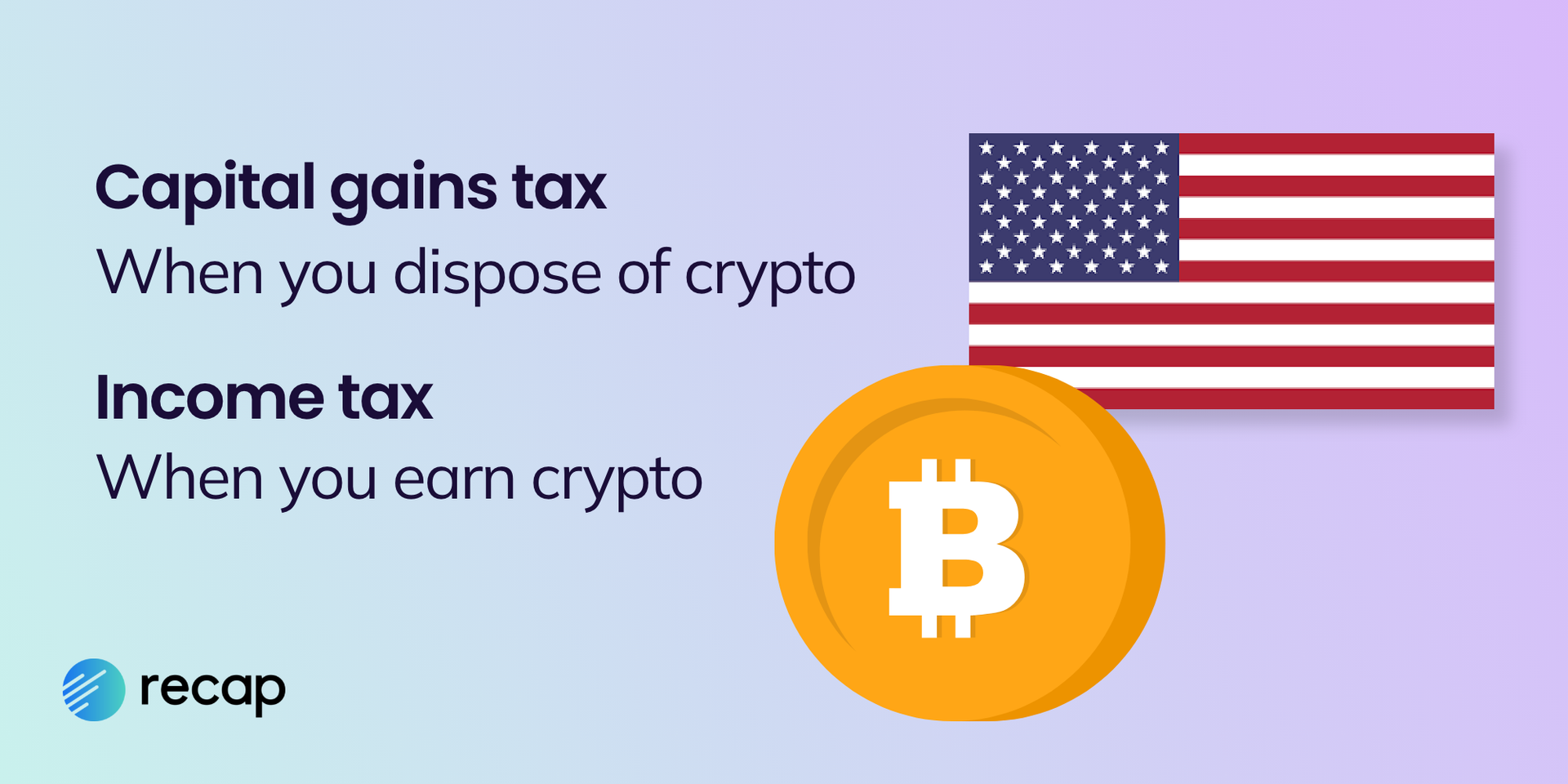 Infographic stating that in the US capital gains tax applies when you dispose of crypto and income tax when you earn crypto 