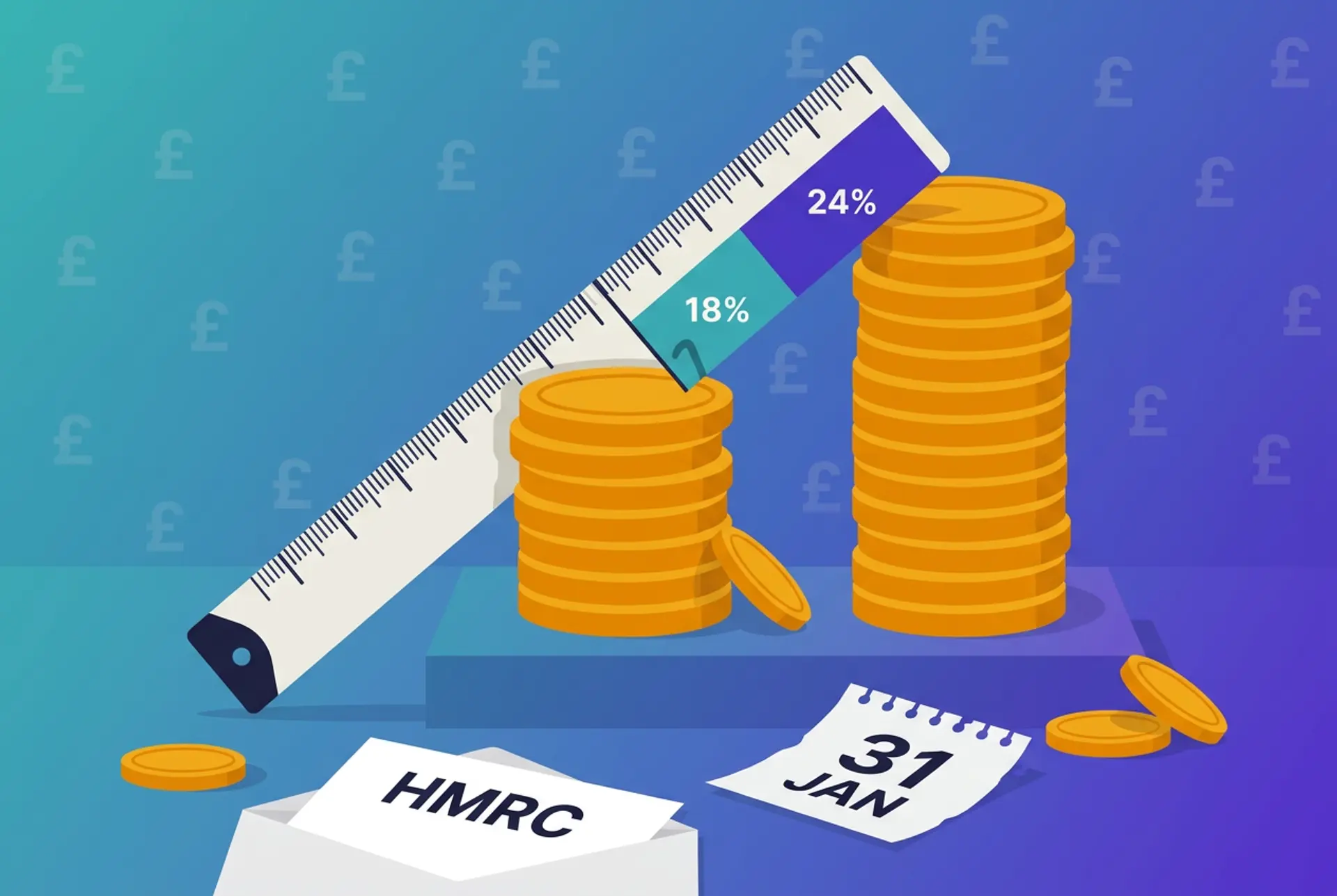 Editorial still-life flat-vector illustration for a UK capital gains tax on crypto rates and rules article: two oversized stacks of gold coins of different heights sit side by side while an oversized ruler spans diagonally across just the gap between their tops, that measured span split into a teal 18% band and a violet 24% band showing the two CGT rate tiers, beside a plain text-only HMRC envelope and a torn calendar tab reading 31 JAN, on Recap's teal-to-violet house gradient with a faint pound-sterling glyph pattern.