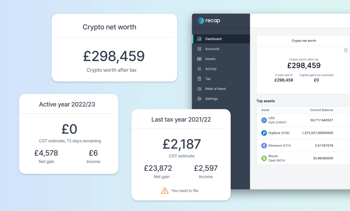 Screenshot of Recap UK dashboard detailing crypto net worth and the capital gains tax estimate for the active and previous tax years.
