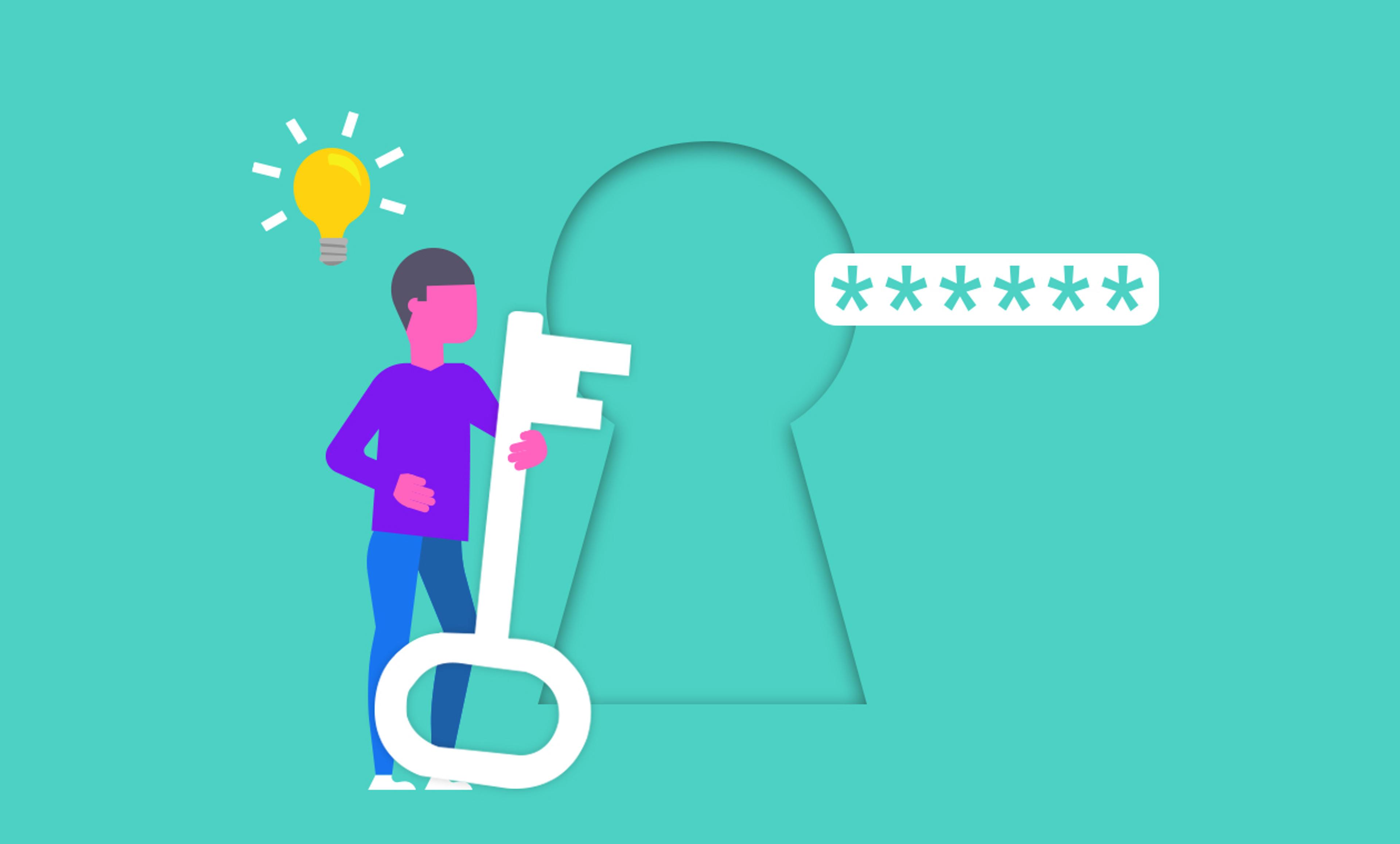 Illustration of a male holding onto an oversized key in front of a keyhole