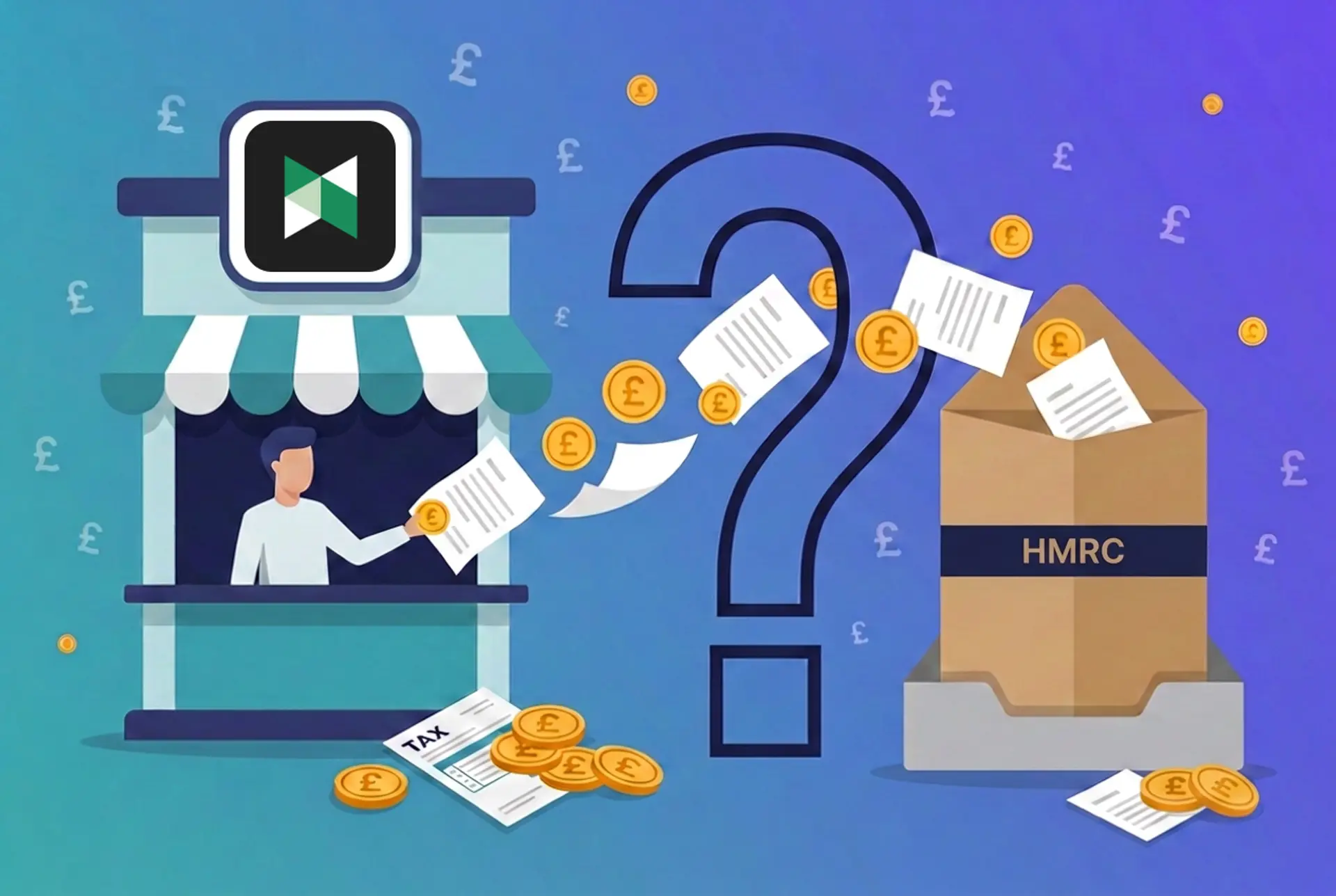 Narrative flat-vector illustration for the UK 'Does X report to HMRC?' series: a crypto exchange kiosk with the real Poloniex mark centred on its front sign hands documents and gold £ coins through a large outlined question-mark gate into an oversized kraft HMRC envelope on an in-tray, on Recap's house teal-to-violet gradient with a faint pound-sterling glyph pattern.