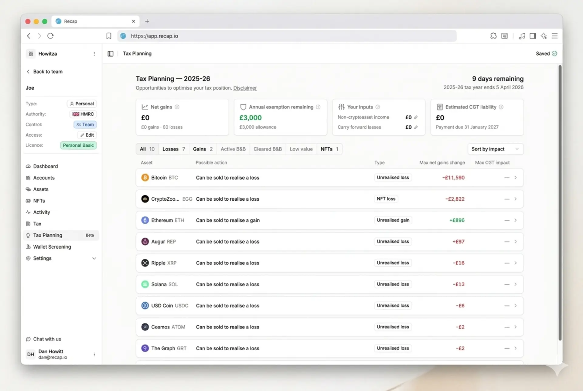 Recap Tax Planning Dashboard interface showing UK crypto tax insights
