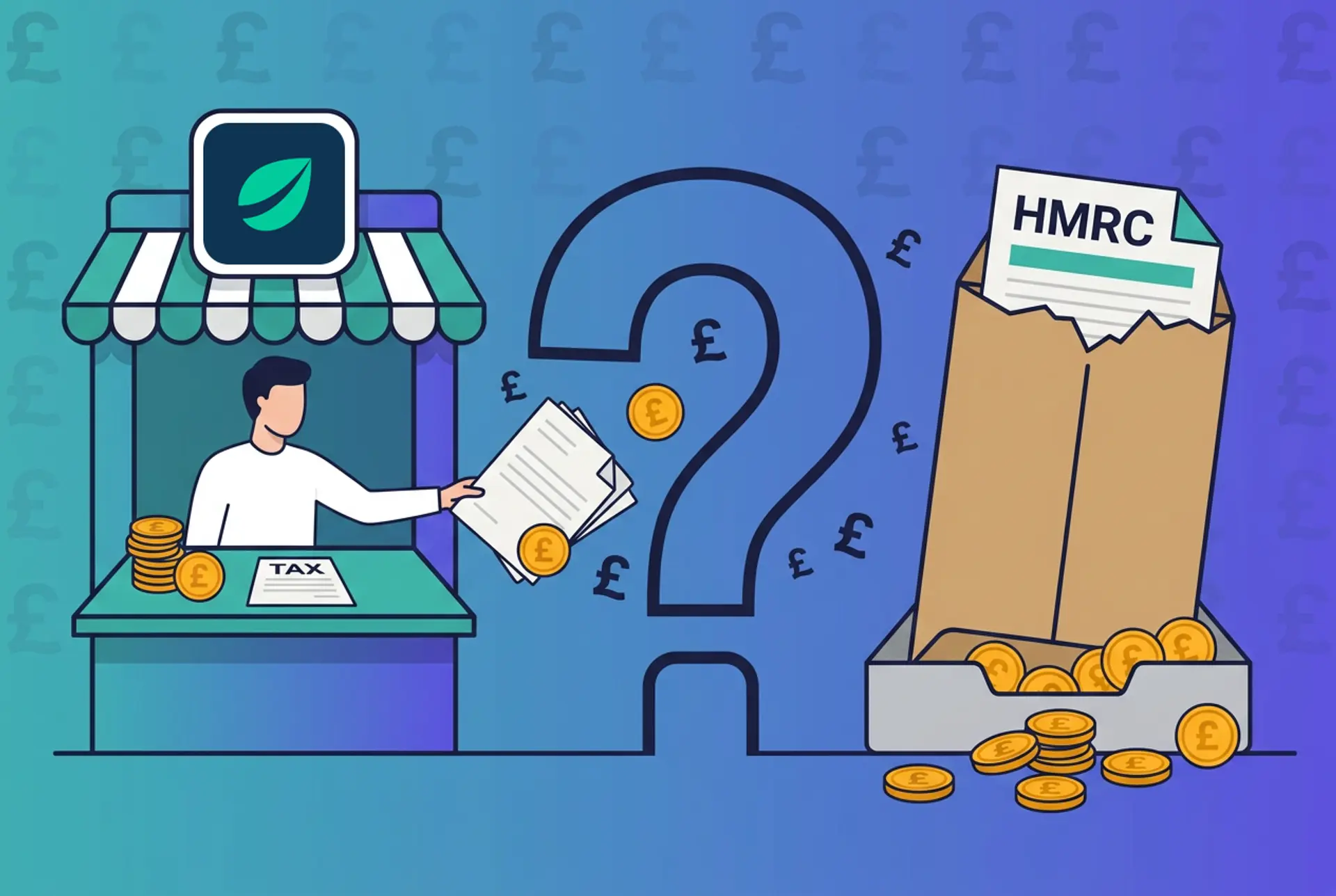 Narrative flat-vector illustration for the UK 'Does X report to HMRC?' series: a Bitfinex exchange kiosk with the real Bitfinex leaf mark centred in a blank white sign tile hands documents and gold £ coins through a large outlined question-mark gate into an oversized kraft HMRC envelope on an in-tray, on Recap's house teal-to-violet gradient with a faint pound-sterling glyph pattern.