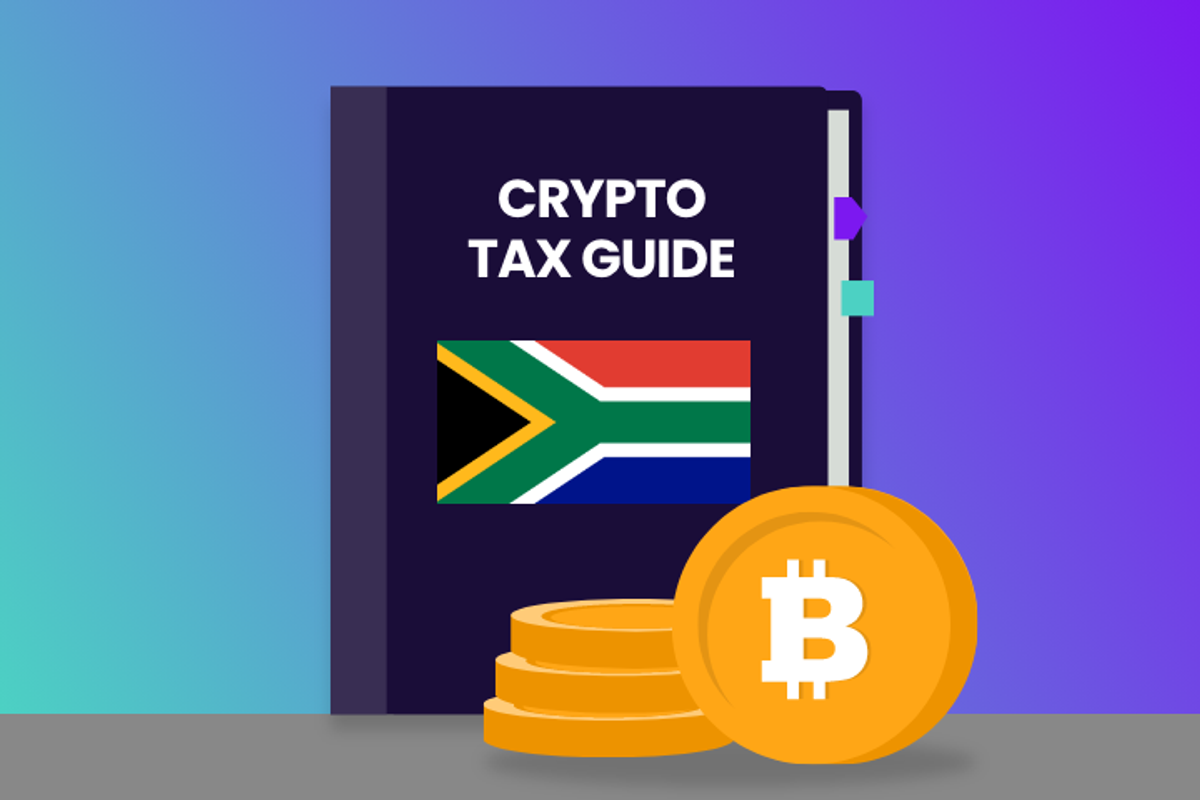 Illustration of a book titled Crypto Tax Guide with a South African flag