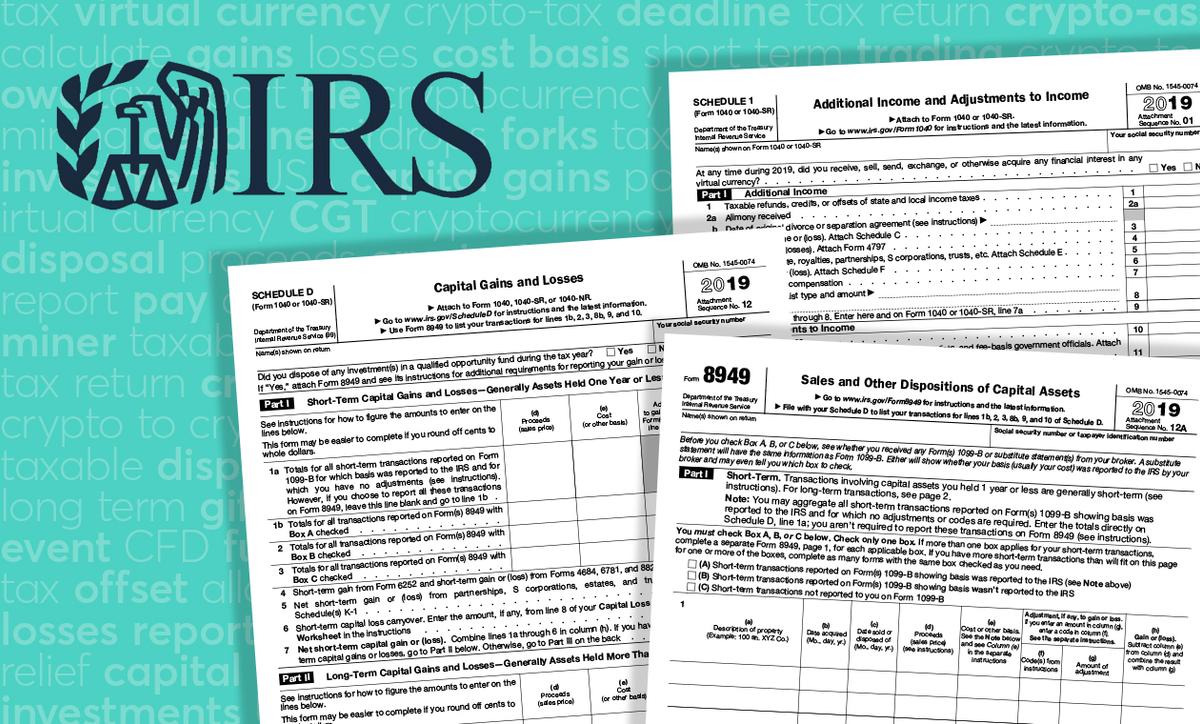 A selection of IRS tax forms on a blue background