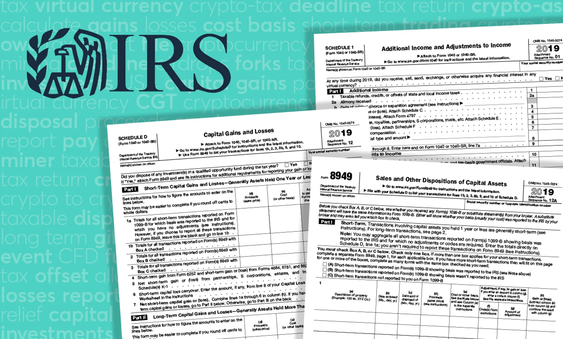 A selection of IRS tax forms on a blue background