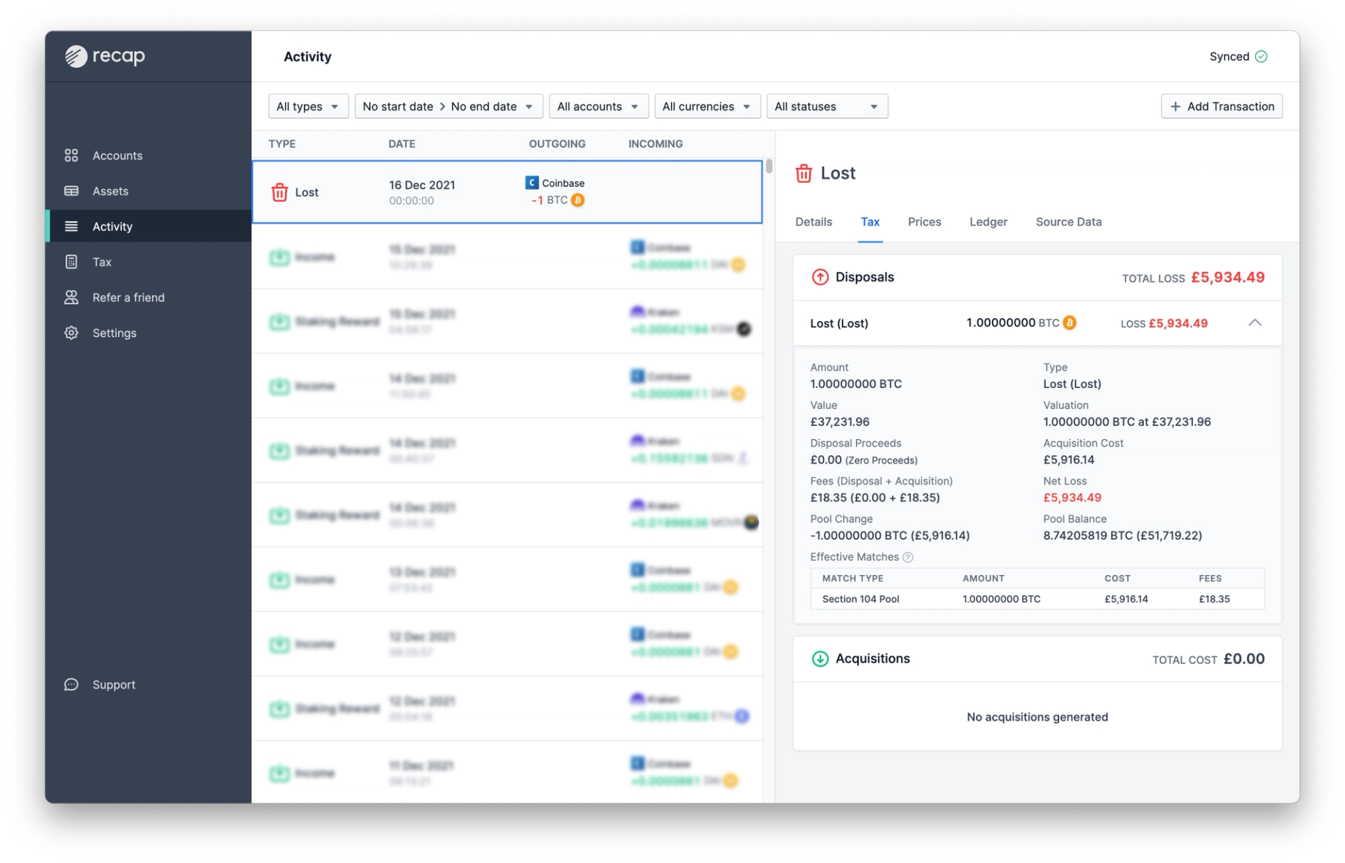 Recap activity screenshot focused on the tax consequences of a Lost Bitcoin transaction