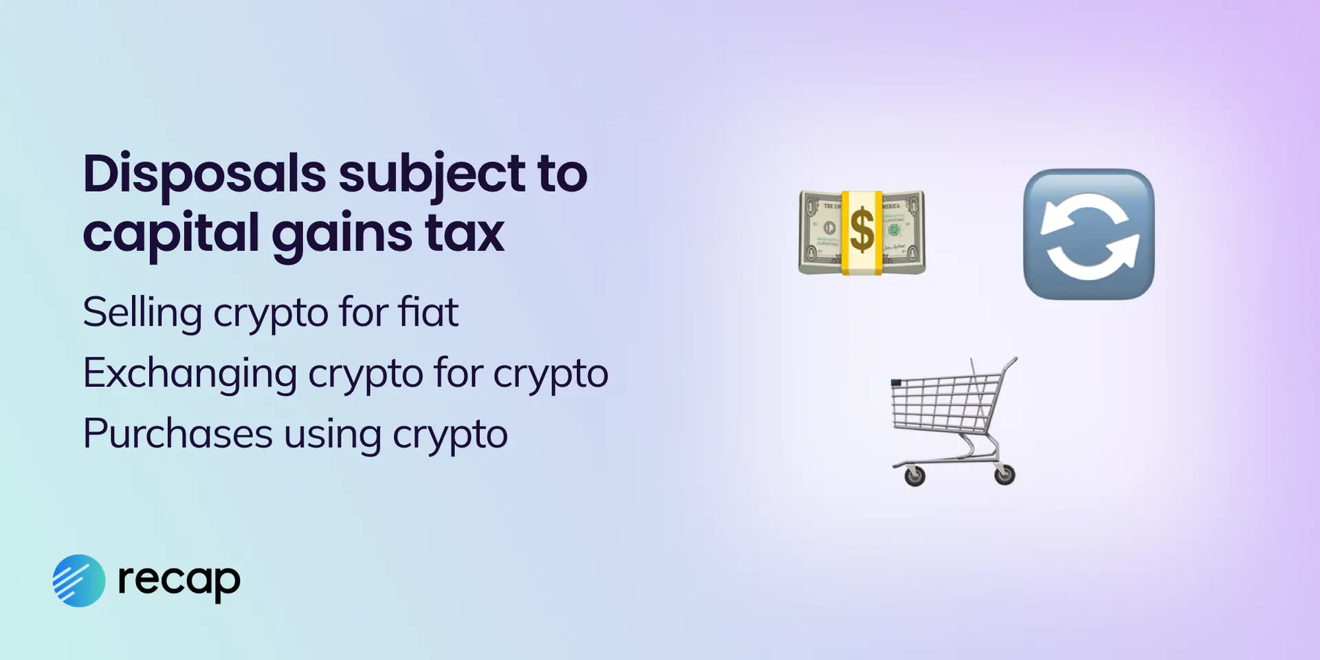 Recap infographic showing that disposals subject to CGT include selling crypto for fiat, exchanging crypto for crypto and purchases using crypto.