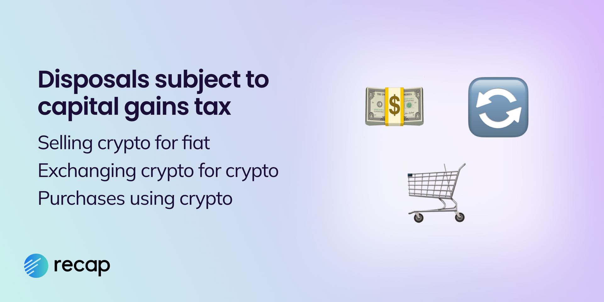 Infographic showing that US taxable disposals can include selling crypto for fiat, exchanging crypto for crypto and purchases made using crypto