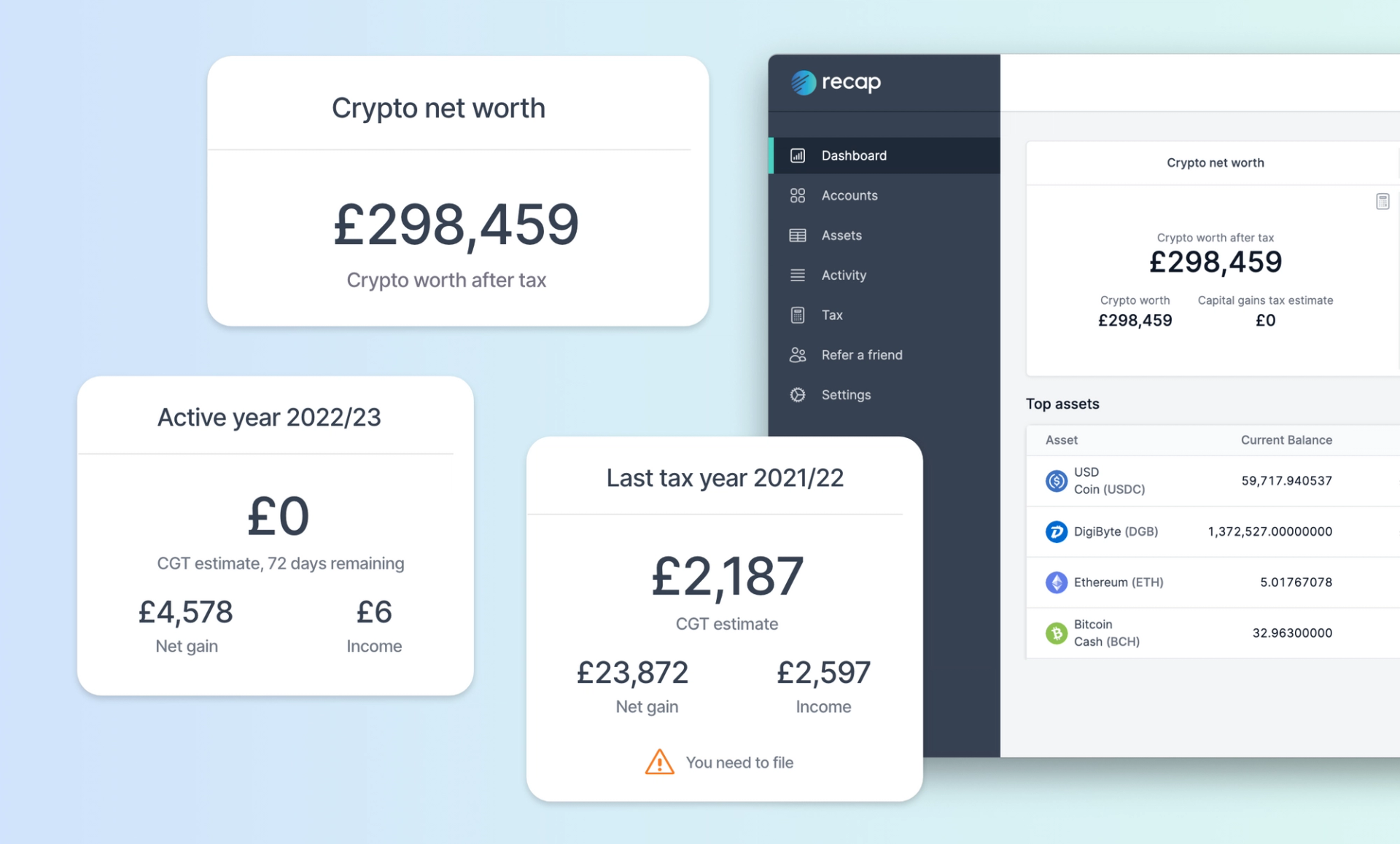 A screen shot of the Recap UK dashboard showing crypto net worth and the estimated capital gains tax for the active and previous tax year.