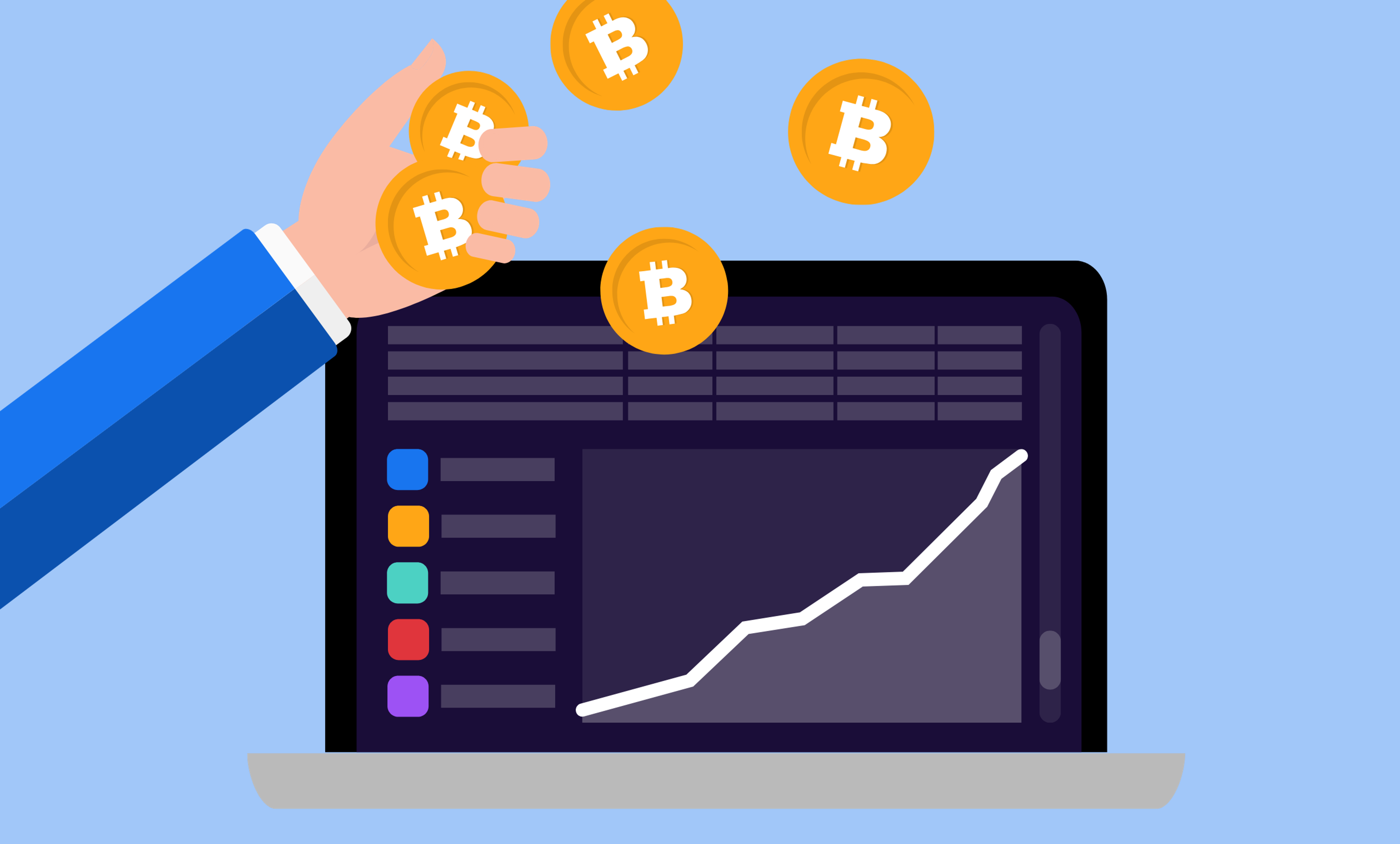 An illustration of Bitcoin being dropped into a business's balance sheet shown on a laptop screen. There is a chart showing a chart with a steep increase suggesting the investment is sucessful.