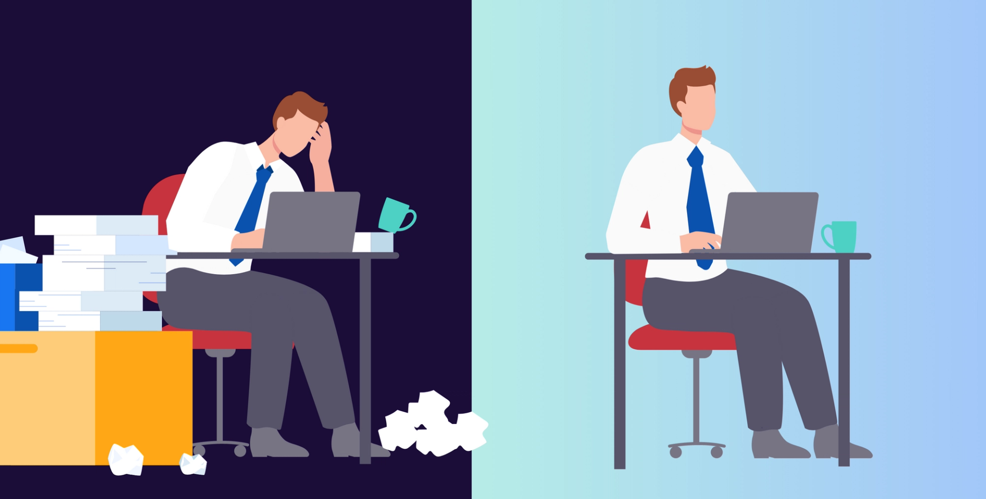 An illustration of the same man sitting at a desk with two sides showing different scenarios. On the left the man has his head in his hand and is surrounded by boxes of paperwork and scrunched up paper, with a cup about to fall over.. On the right he is sat looking calm on his laptop.  