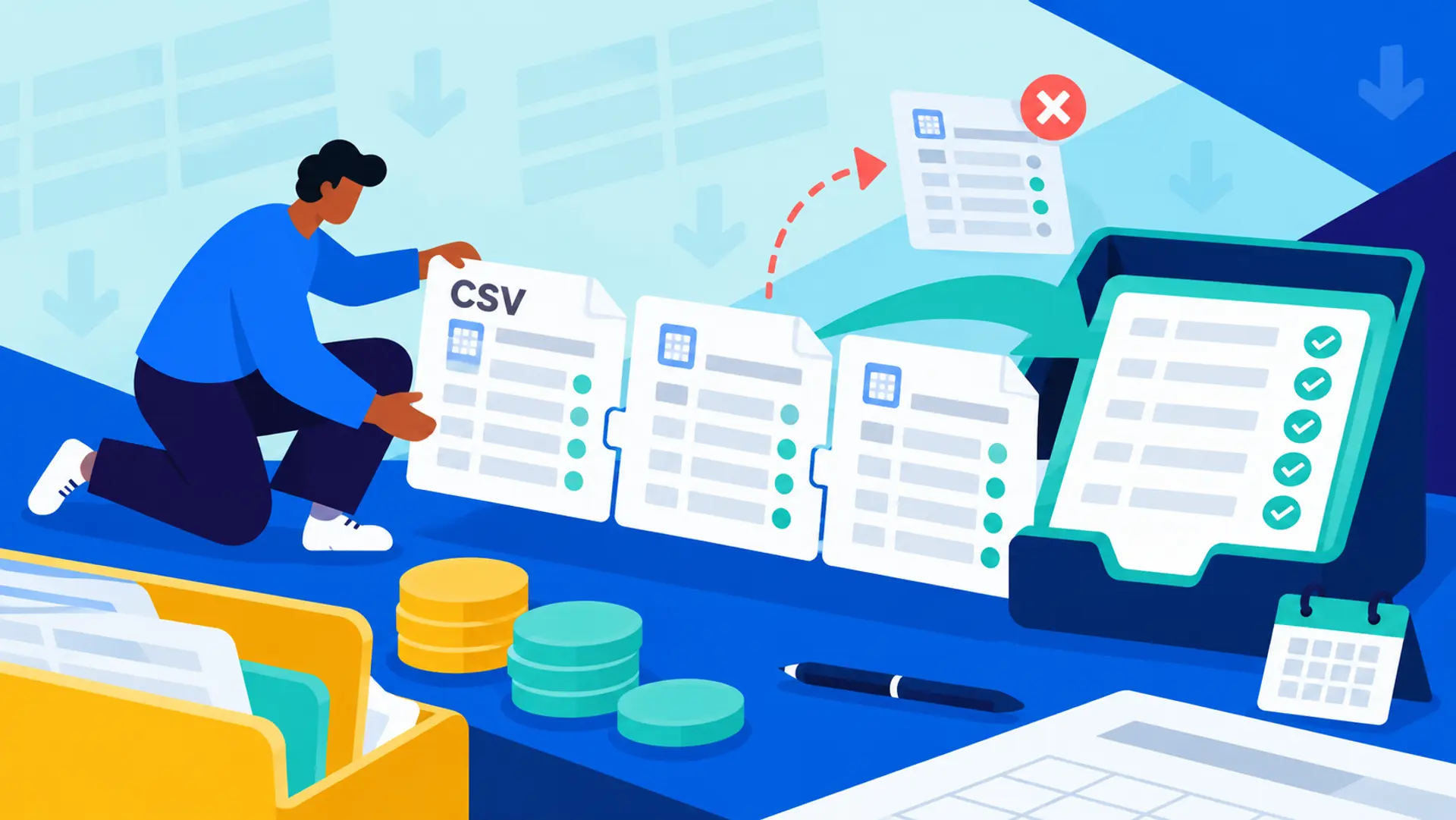 Flat-vector narrative illustration for Recap's UK guide on adding Binance via CSV: a featureless person pulls a printed transaction statement from a kiosk showing the Binance logo on its screen and carries it across to Recap's open tax ledger, its pages ticked with teal checkmarks, beside a Union Jack flag and stacked gold coins, on Recap's house teal-to-violet gradient.