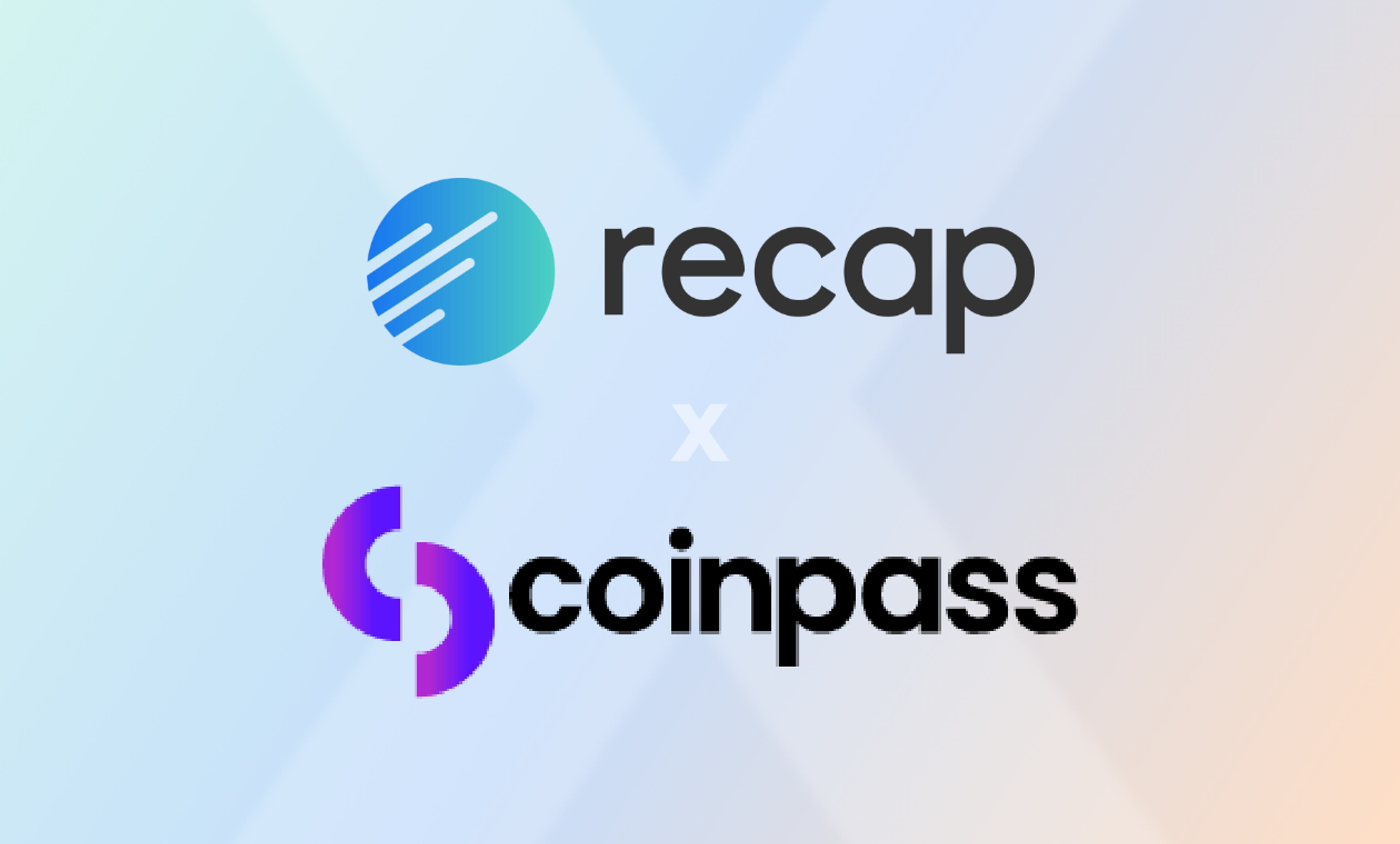 Logos of Recap and coinpass on a gradient background, a white "x" in the middle representing a partnership.
