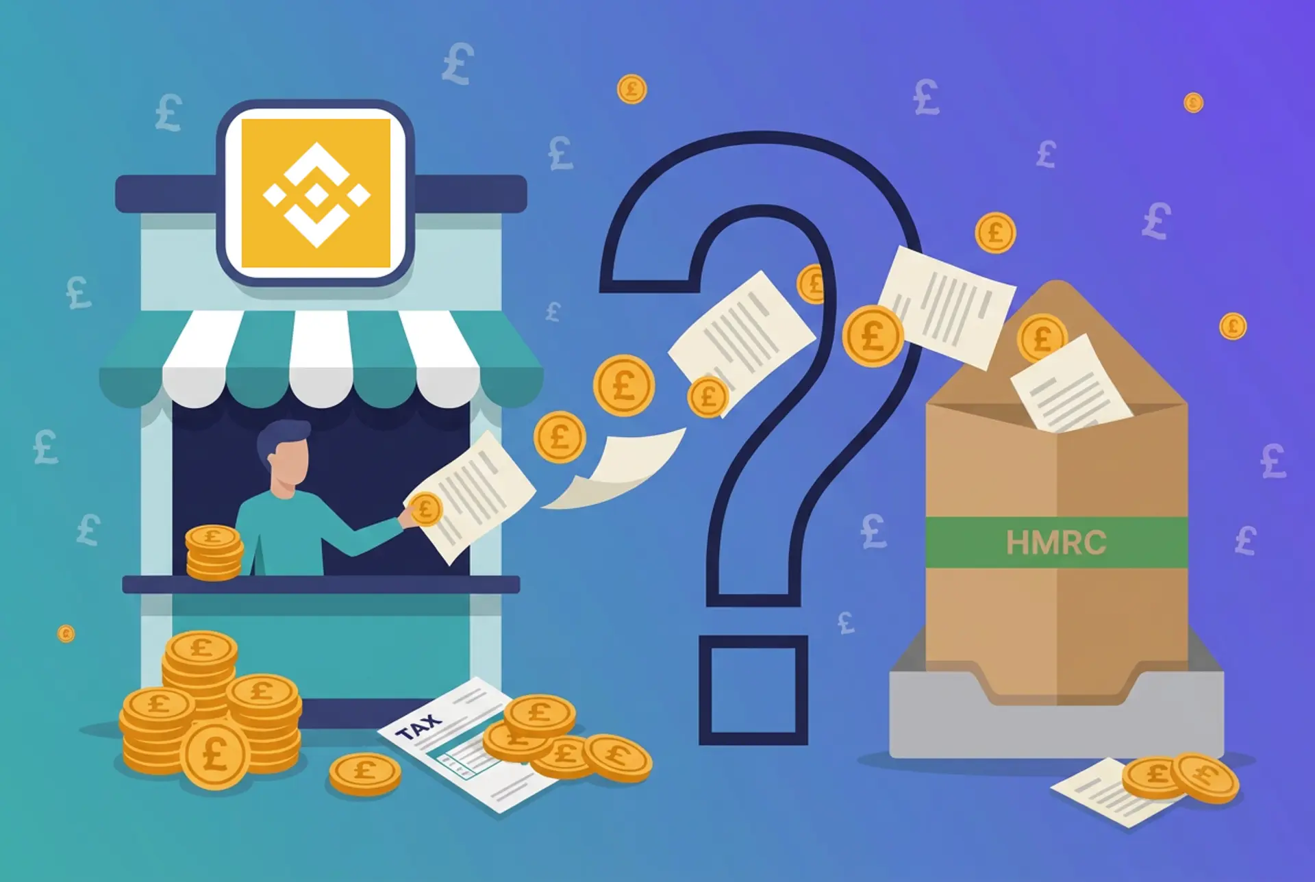 Narrative flat-vector illustration for the UK 'Does X report to HMRC?' series: a Binance exchange kiosk with the real Binance mark centred in a clean sign tile above the counter hands documents and gold £ coins through a large outlined question-mark gate into an oversized kraft HMRC envelope on an in-tray, on Recap's house teal-to-violet gradient with a faint pound-sterling glyph pattern.