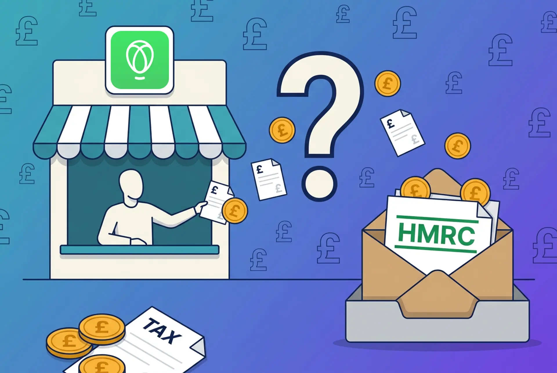 Narrative flat-vector illustration for the UK 'Does X report to HMRC?' series: an Uphold exchange kiosk with the real Uphold mark cleanly composited on its front sign hands documents and gold £ coins through a large outlined question-mark gate into a kraft HMRC envelope on an in-tray, on Recap's house teal-to-violet gradient with a faint pound-sterling glyph pattern.