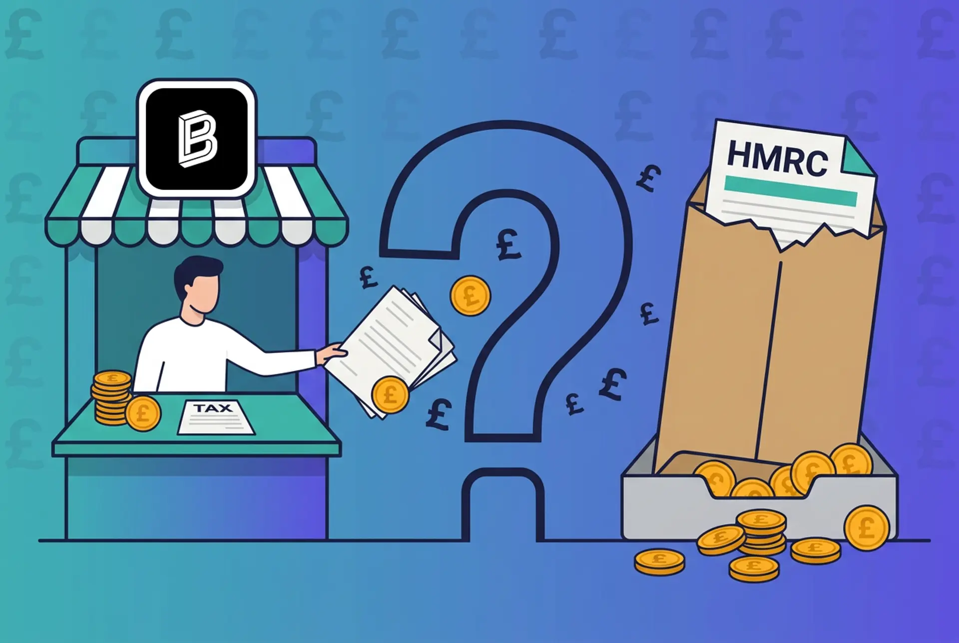 Narrative flat-vector illustration for the UK 'Does X report to HMRC?' series: a Bitpanda Pro exchange kiosk with the real Bitpanda Pro mark centred in a blank white sign tile hands documents and gold £ coins through a large outlined question-mark gate into an oversized kraft HMRC envelope on an in-tray, on Recap's house teal-to-violet gradient with a faint pound-sterling glyph pattern.