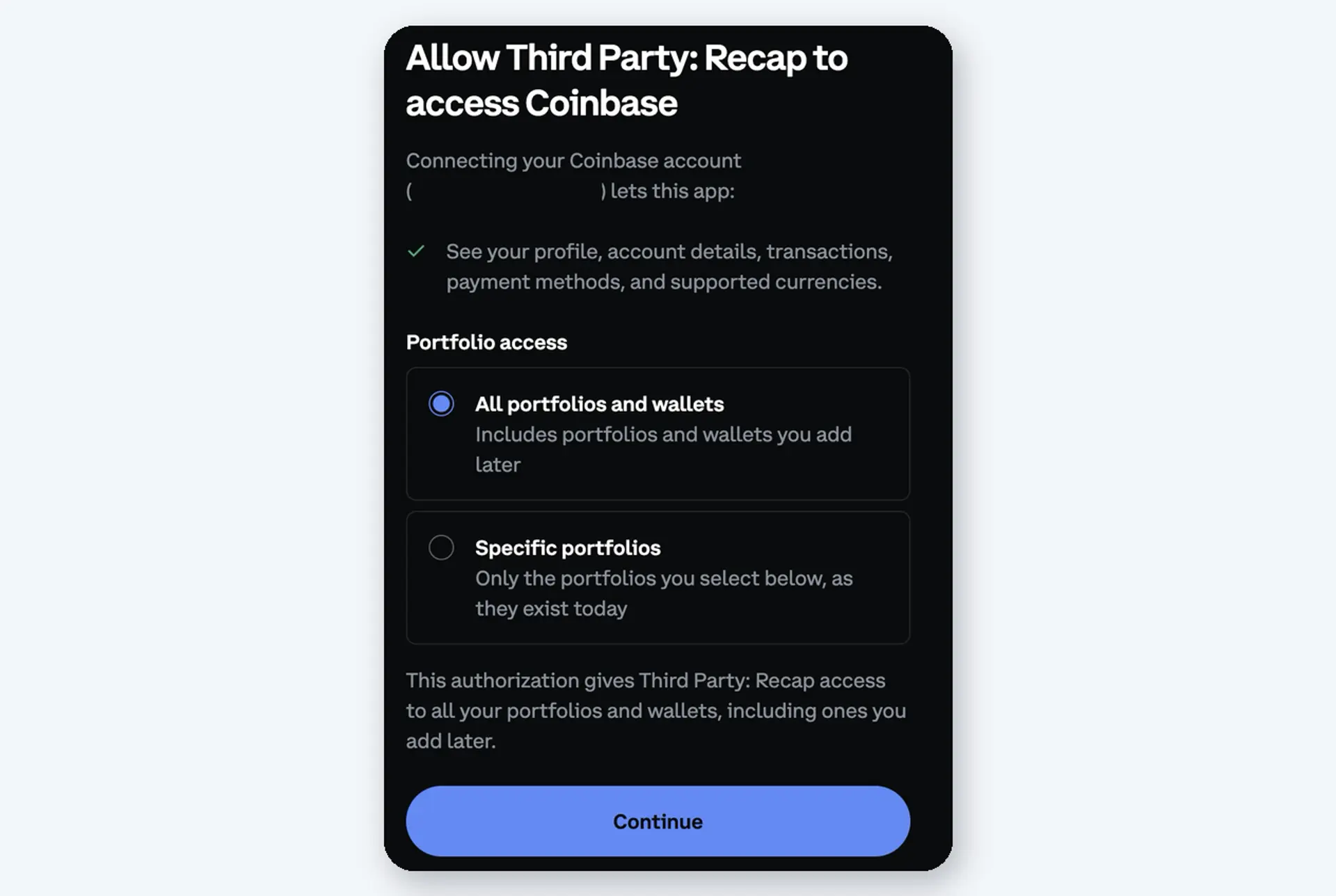 Coinbase permissions when connecting to Recap