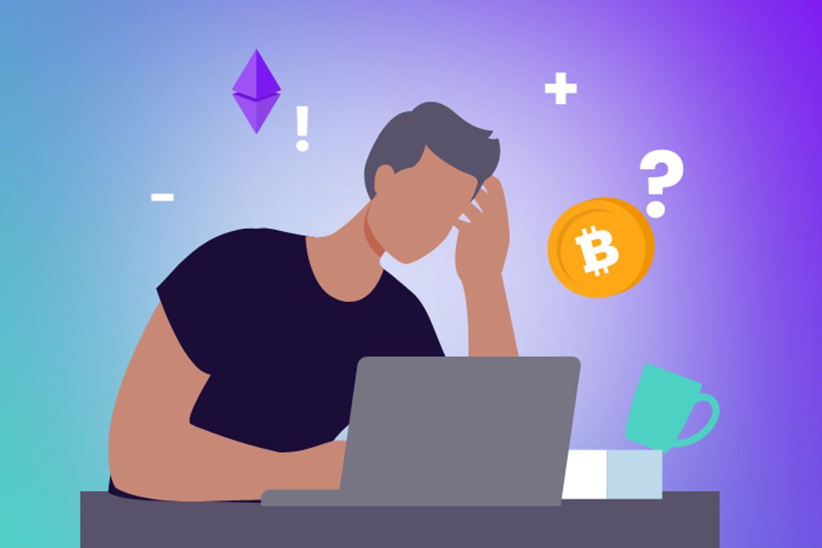 Recap illustration: a male working at a laptop looking overwhelmed, with floating cryptocurrency and mathematical symbols representing crypto tax surrounding him