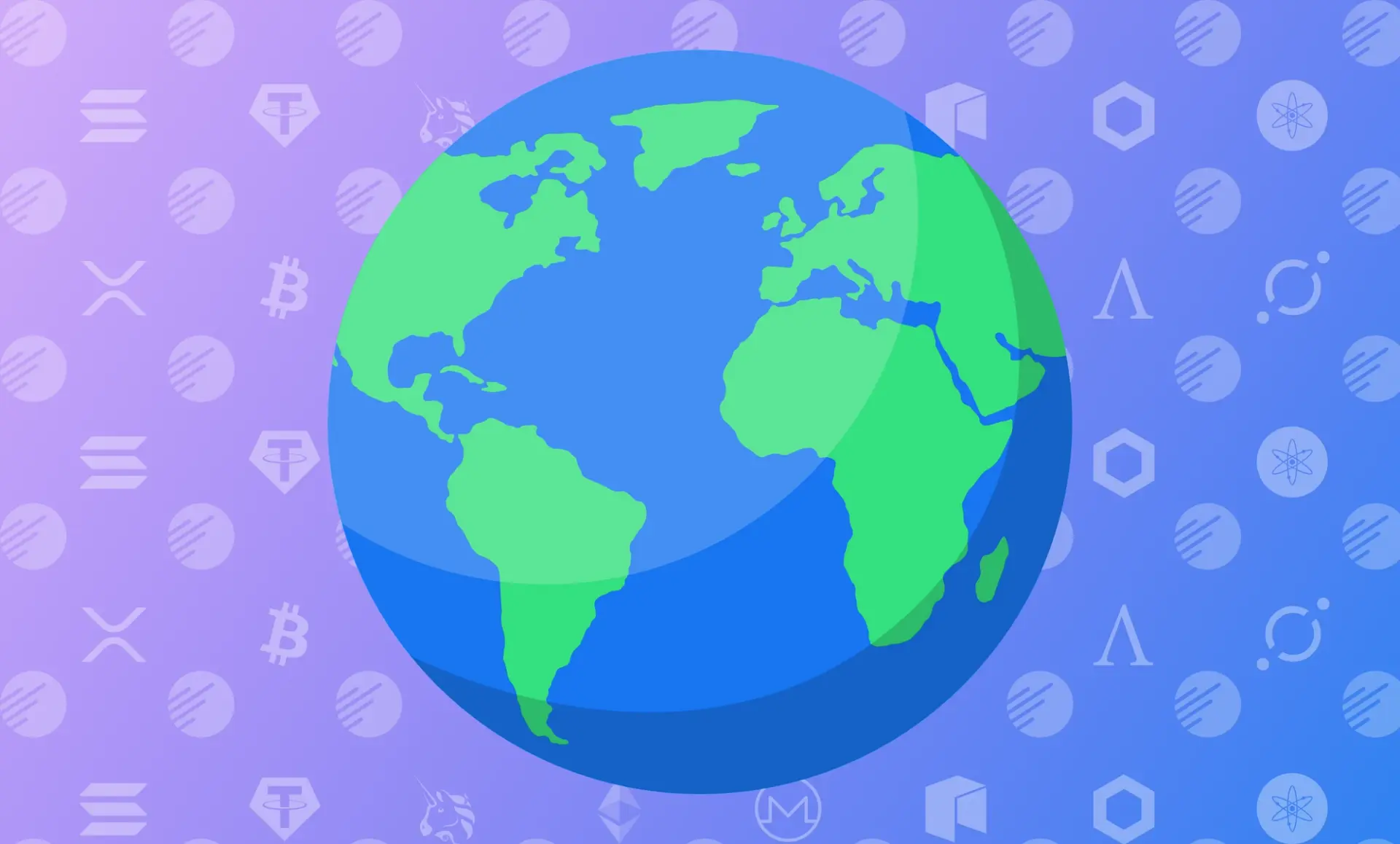 An illustration of the globe on top of a background of various cryptocurrency logos and the Recap logo.