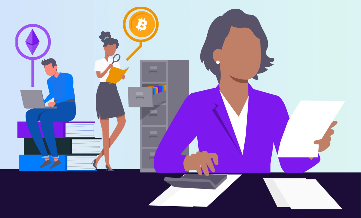 Illustration of a female holding papers and tapping a calculator with a male and female colleague in the background investigating cryptocurrency in a filing cabinet and a laptop