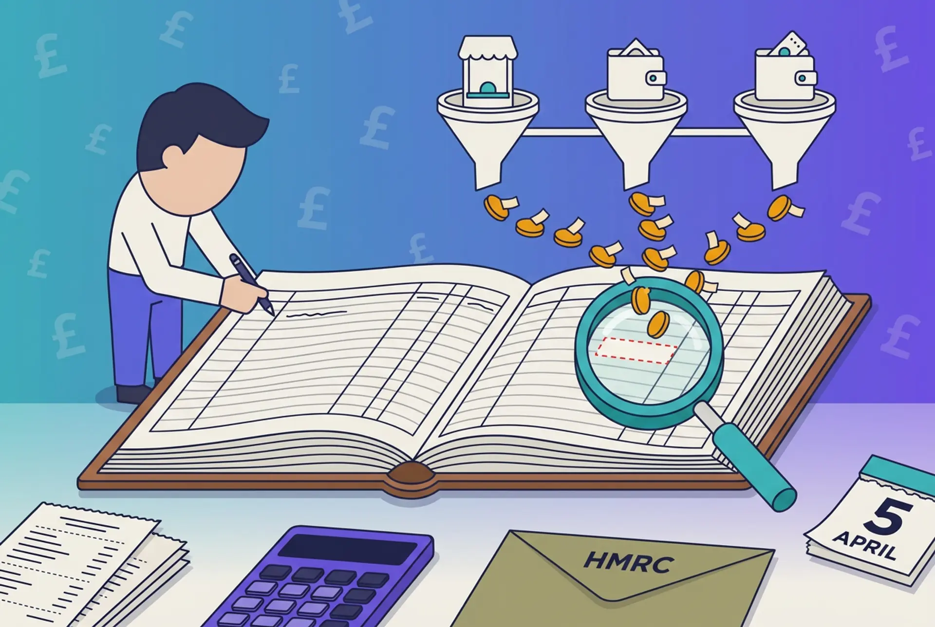 Narrative flat-vector illustration for a UK crypto record-keeping guide: an investor writes entries into a large open ledger while three funnels labelled with a generic exchange, hot wallet and cold wallet feed a trail of gold coin tokens into its columns, a magnifying glass highlights a missing entry, with a stack of receipts, a calculator, a plain text-only HMRC envelope and a calendar tab reading 5 APRIL in the foreground, on Recap's house teal-to-violet gradient with a faint pound-sterling glyph pattern.